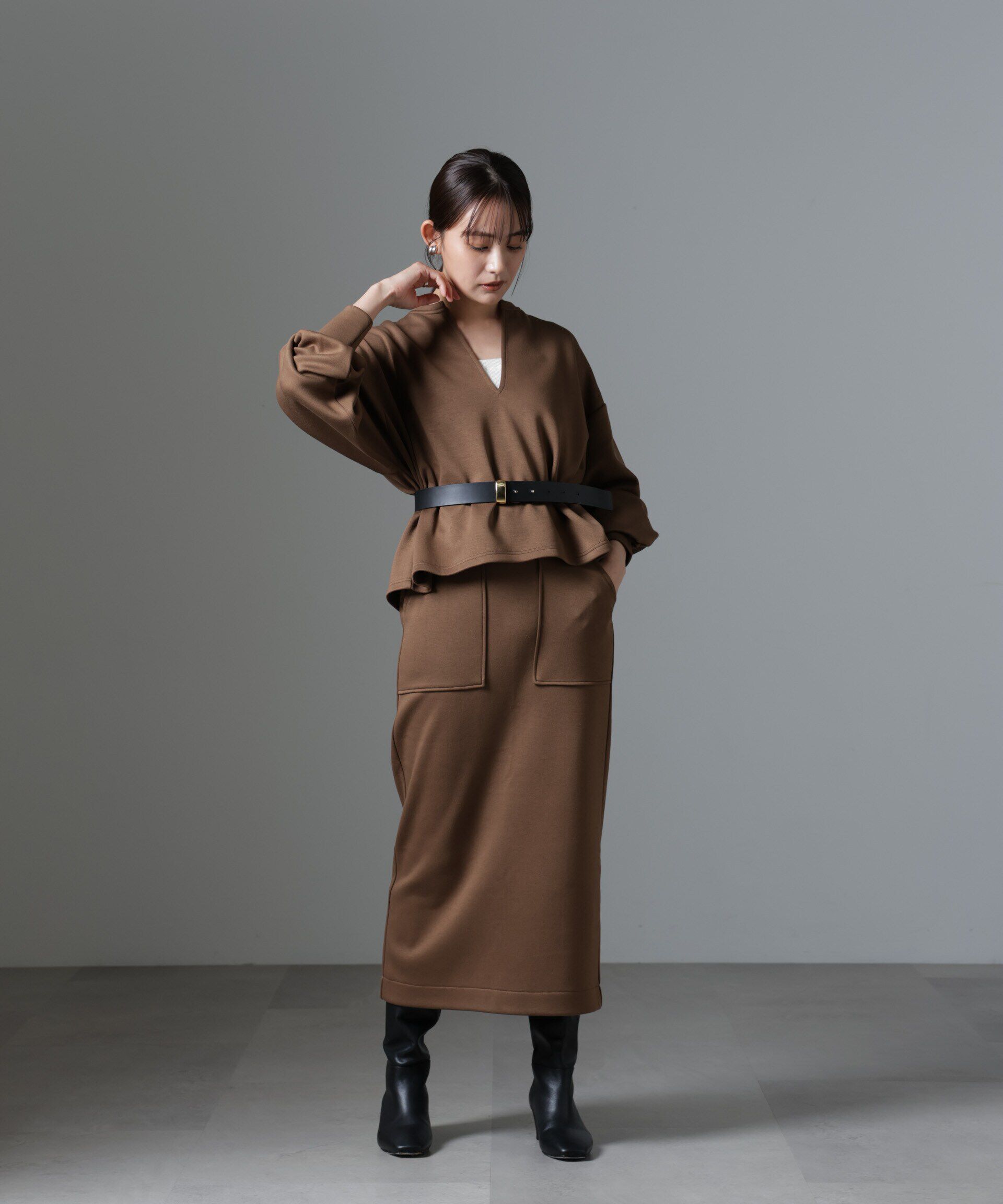 nano･universe「裏起毛ダンボールカットキーネックトップス（セットアップ可）」|Tシャツ・カットソー|