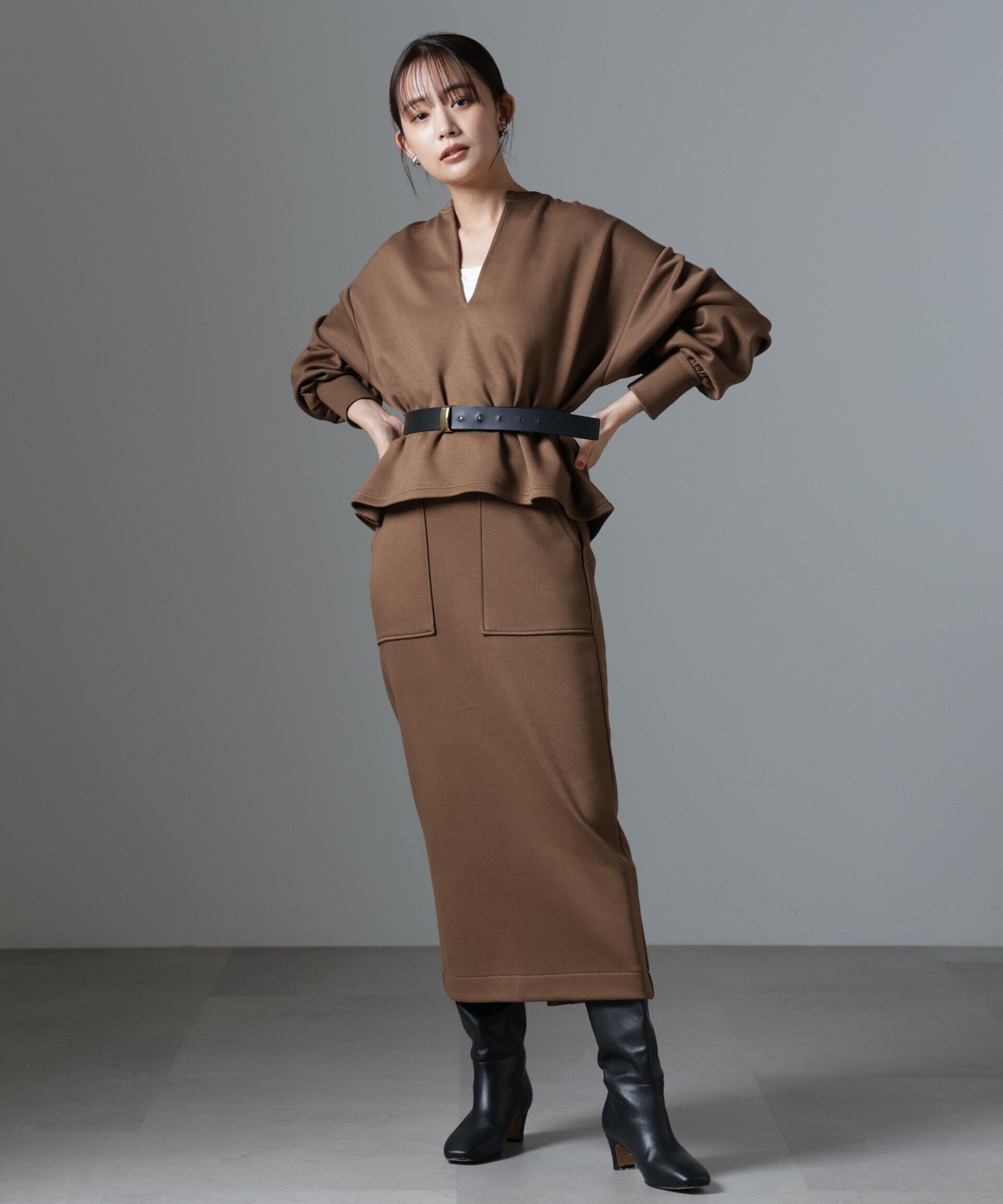 nano･universe「裏起毛ダンボールカットキーネックトップス（セットアップ可）」|Tシャツ・カットソー|