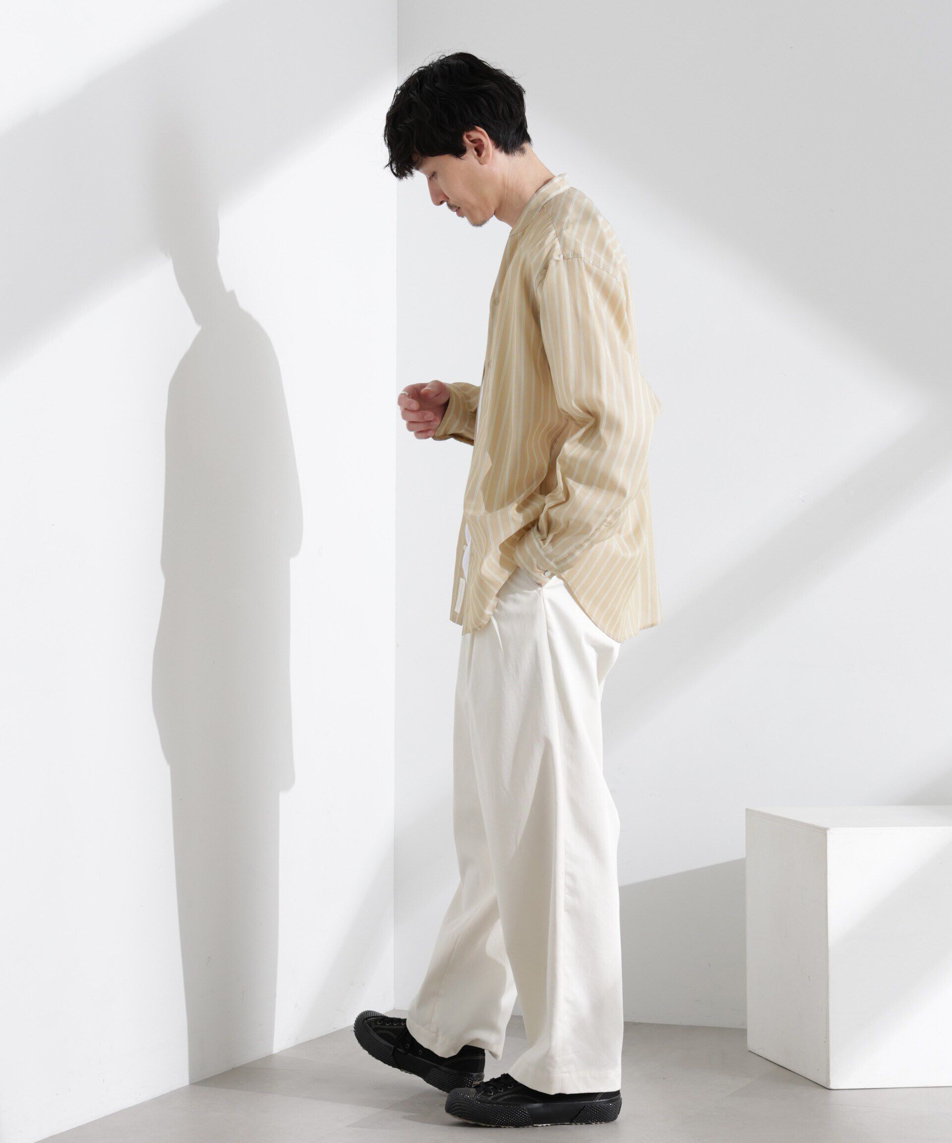 nano･universe「「大人のワイドシャツ」バンドカラー　ストライプ 長袖」|シャツ・ブラウス|