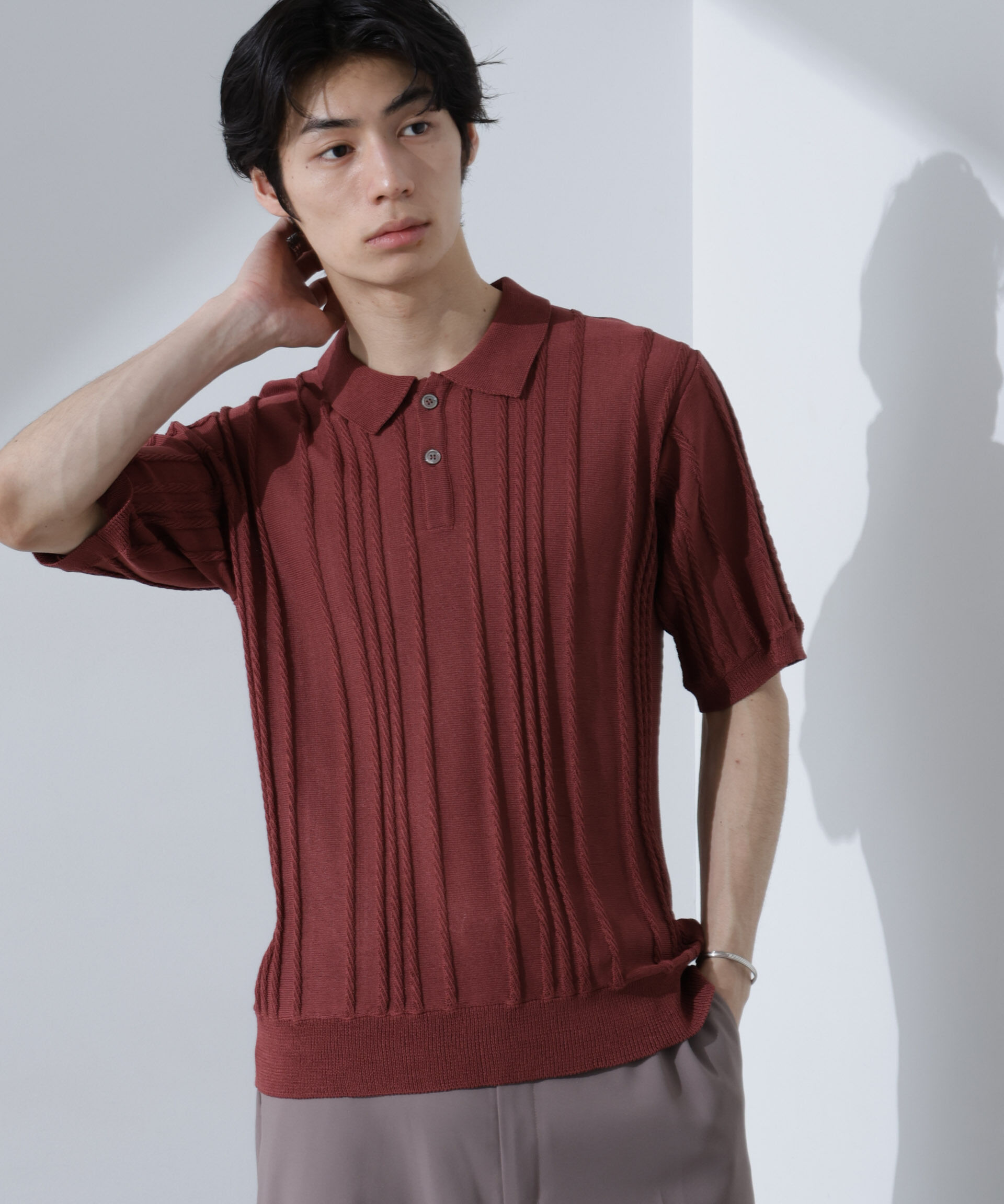 nano･universe「ストライプニットポロ 半袖」|ニット・セーター|