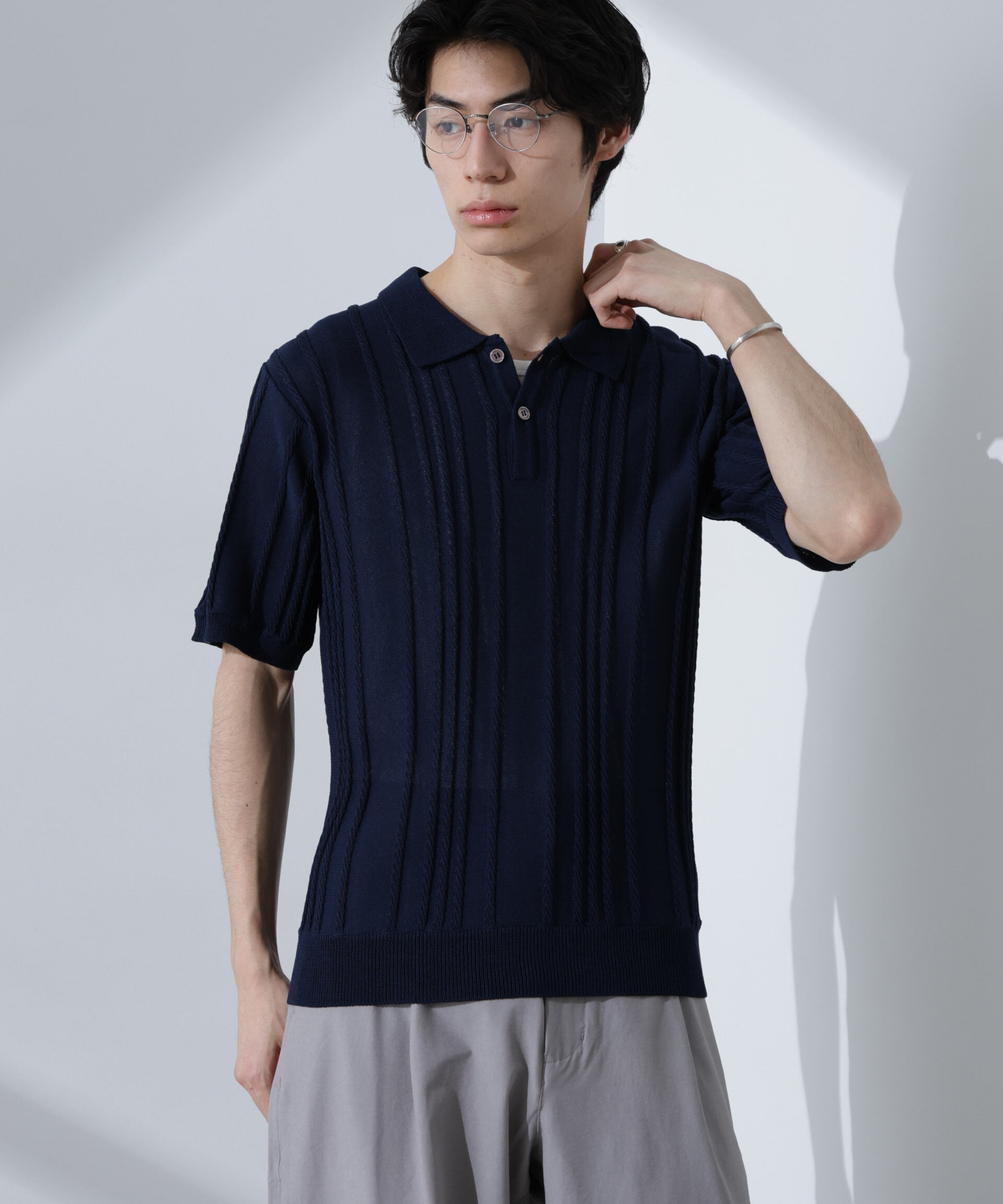 nano･universe「ストライプニットポロ 半袖」|ニット・セーター|