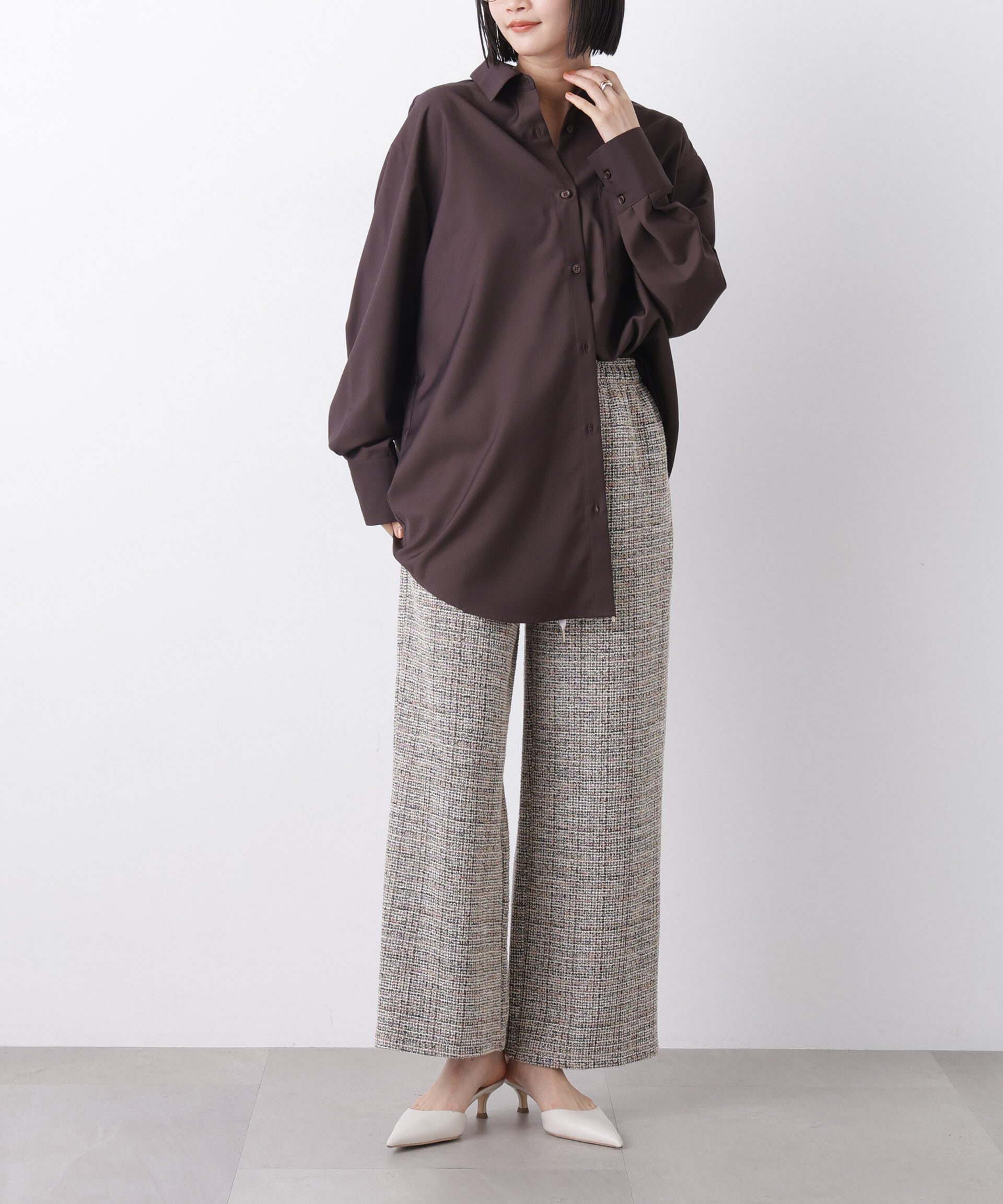 nano･universe「カットツイードドロストワイドパンツ(セットアップ可)」|チノ|ベージュ