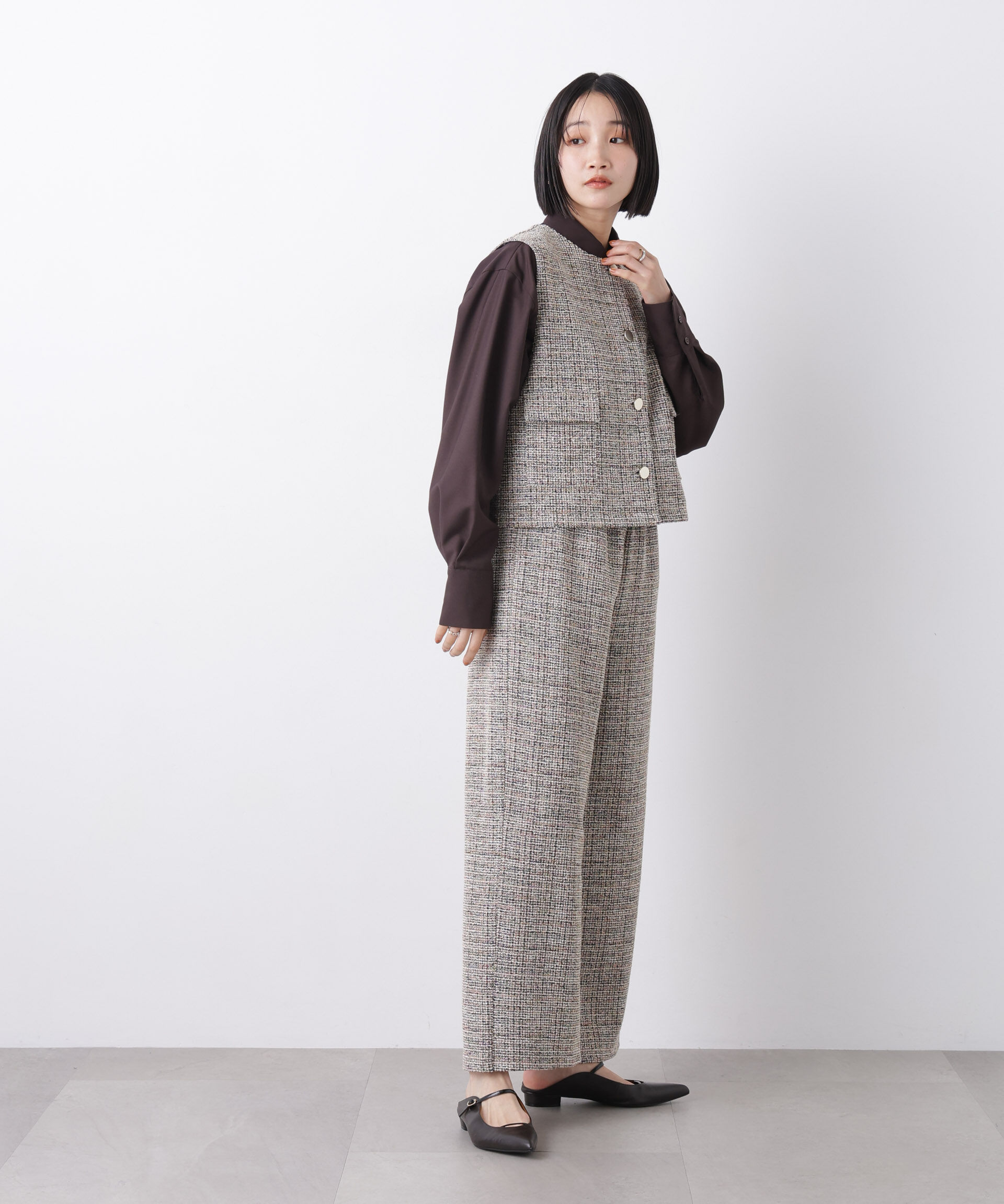 nano･universe「カットツイードドロストワイドパンツ(セットアップ可)」|チノ|