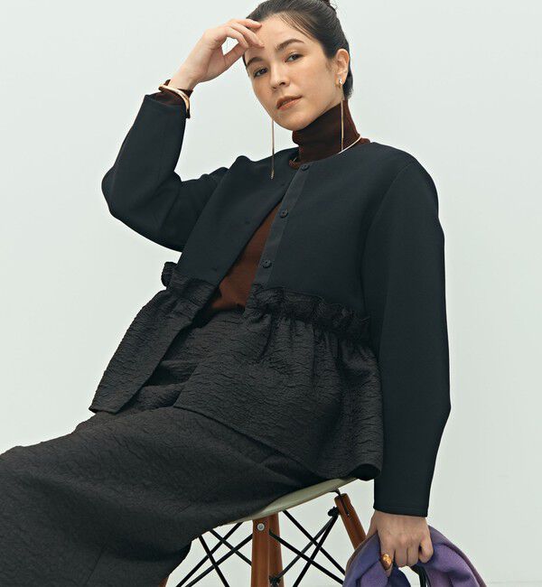 NOLLEY'S「《セットアップ対応》ウォッシャブルエアボールジャガードペプラムブルゾン」|ブルゾン・スタジャン|ブラック