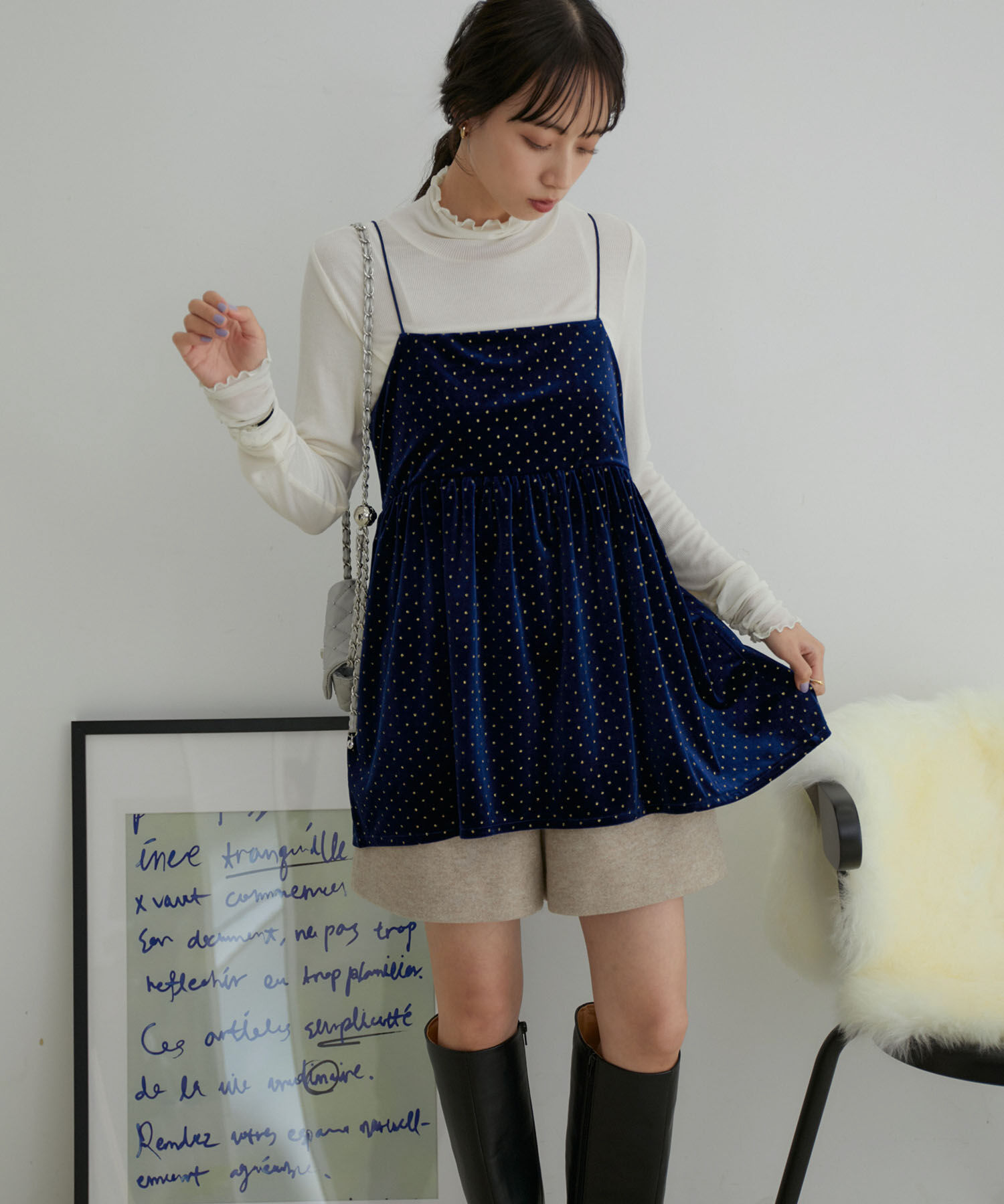 VIS「【選べる着丈】ラメドットベロアキャミトップス【洗える】」|キャミソール|