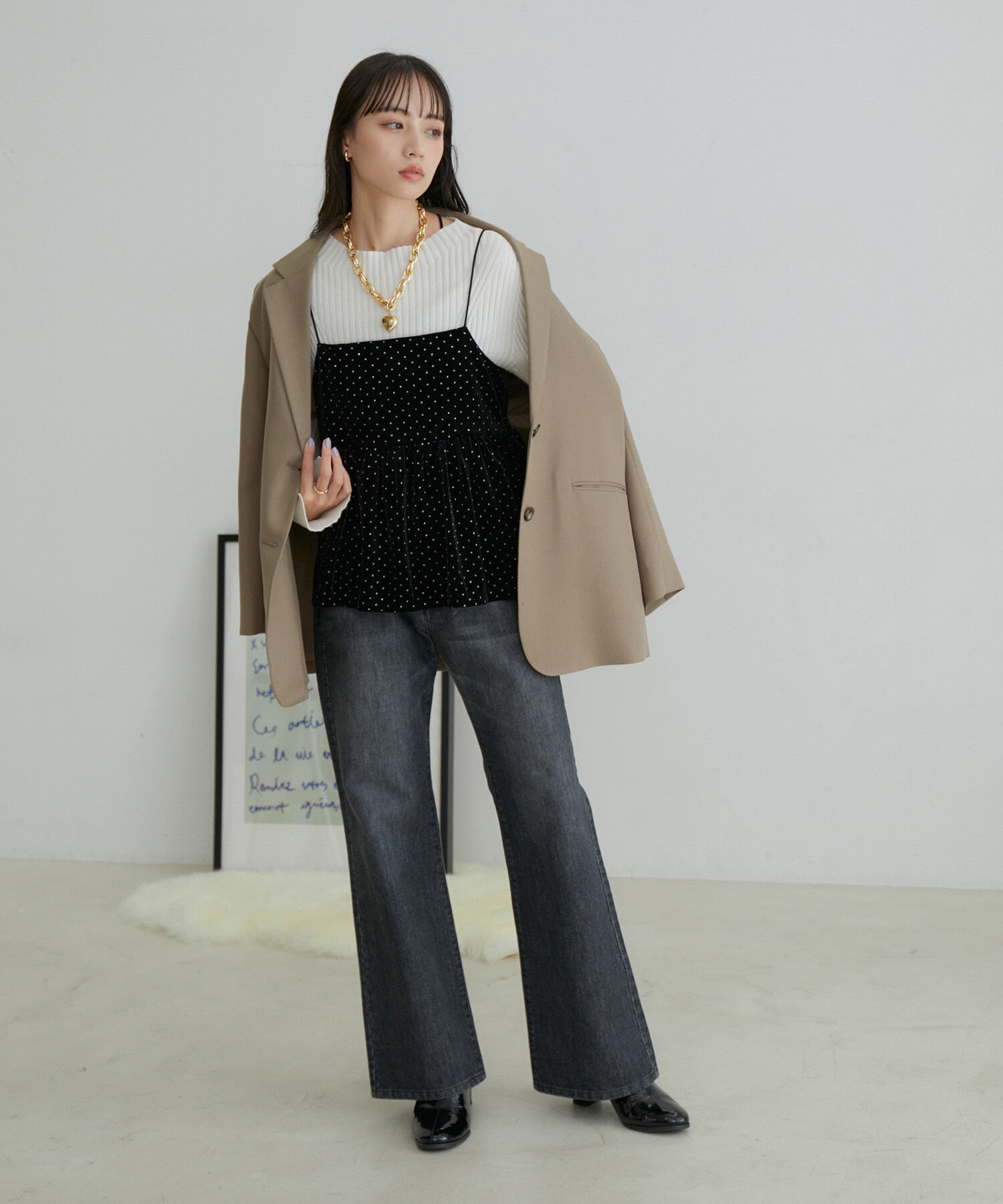 VIS「【選べる着丈】ラメドットベロアキャミトップス【洗える】」|キャミソール|