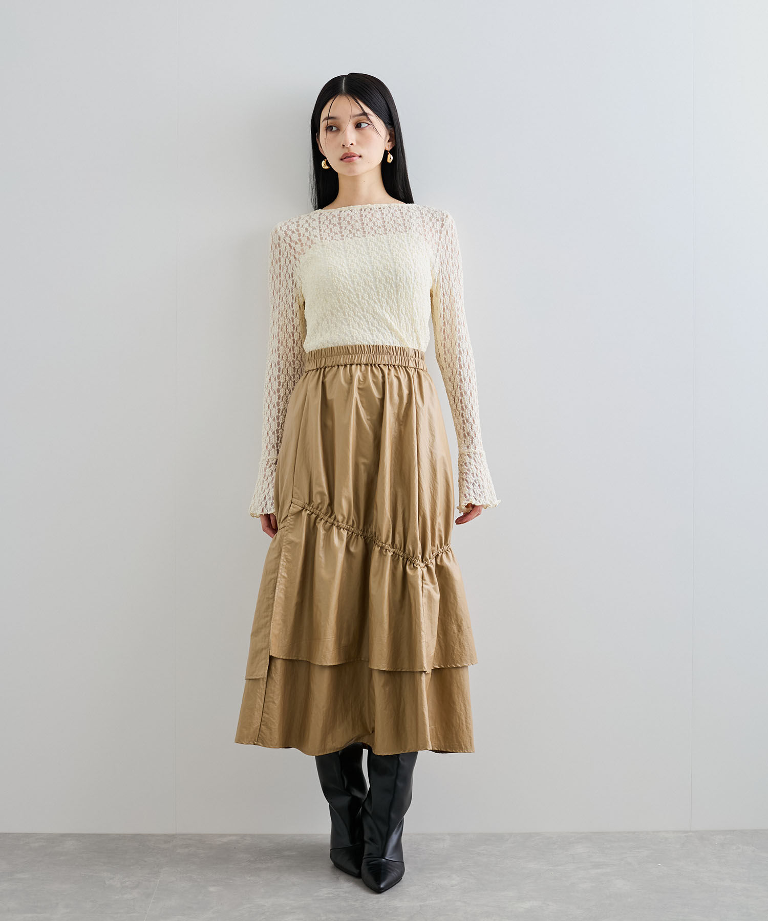 VIS「チンツ加工ギャザーロングスカート」|スカート|