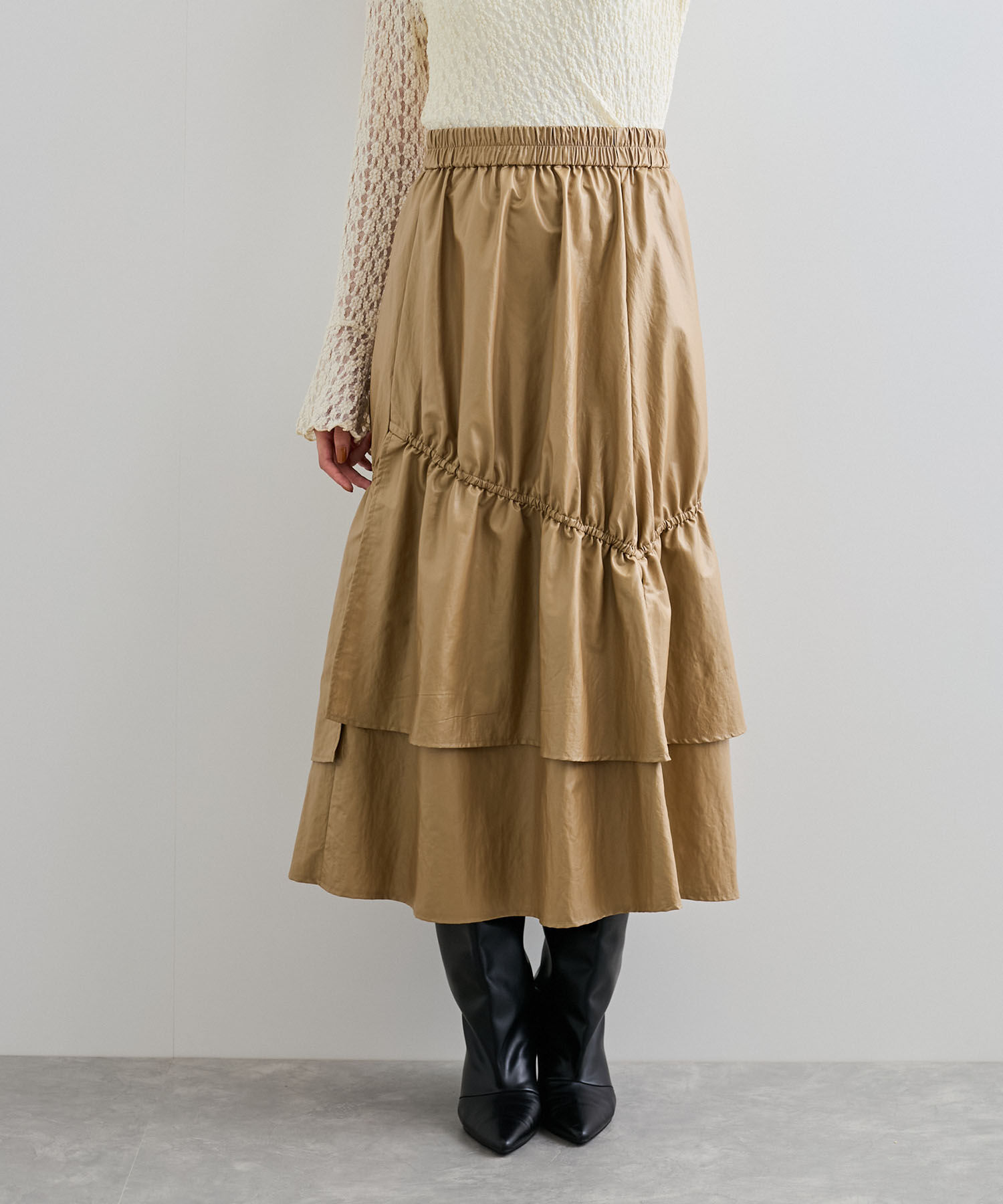 VIS「チンツ加工ギャザーロングスカート」|スカート|