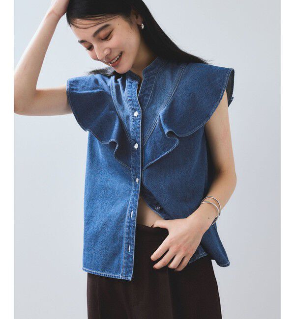 VIS「【UVケア/洗える】ラッフルデザインデニムブラウス」|シャツ・ブラウス|ブルー系(45)