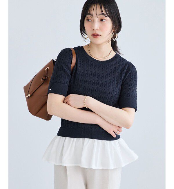VIS「レイヤードケーブルハーフスリーブニット」|ニット・セーター|ネイビー(40)