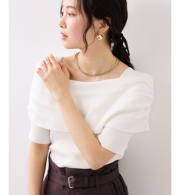 VIS「サイドギャザーオフショル5分袖ニット/イージーケア」|ニット・セーター|
