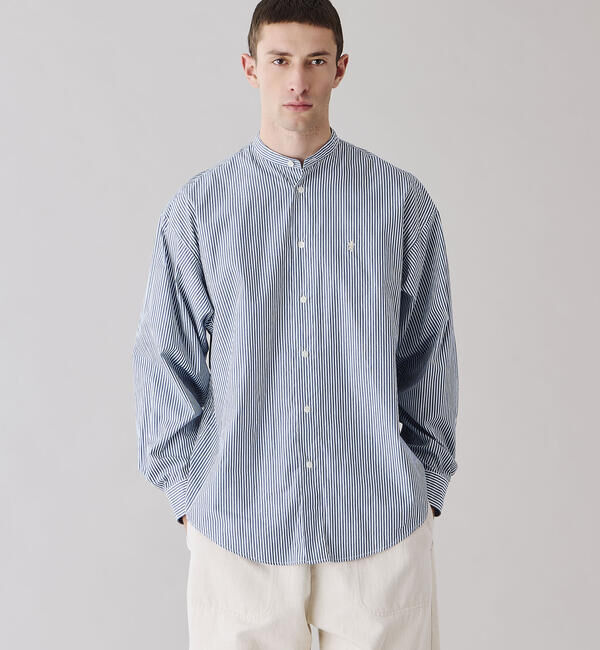 GYMPHLEX「Gymphlex | バンドカラー長袖シャツ STRIPE MEN」|シャツ・ブラウス|BLUE系1