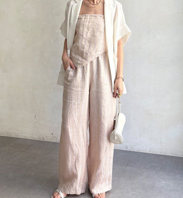  「リネン混ストライプストール付パンツ」|チノ|