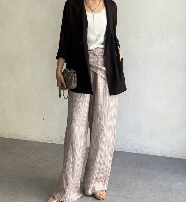  「リネン混ストライプストール付パンツ」|チノ|