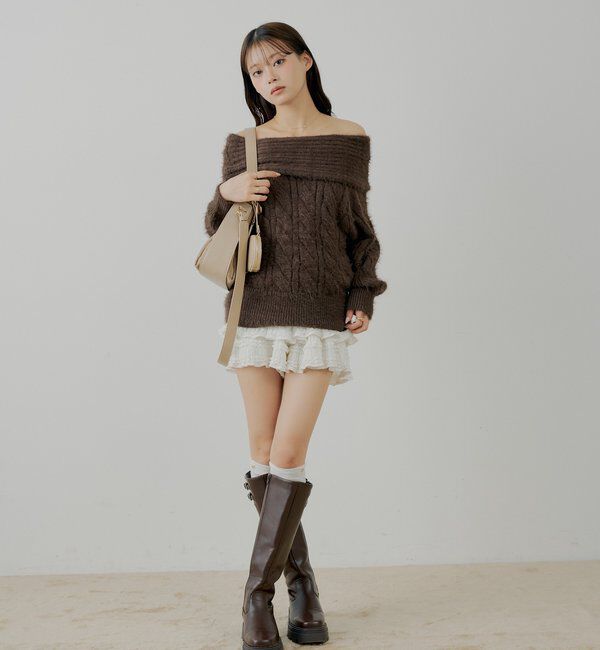  「リブデザインオフショルルーズニット」|ニット・セーター|