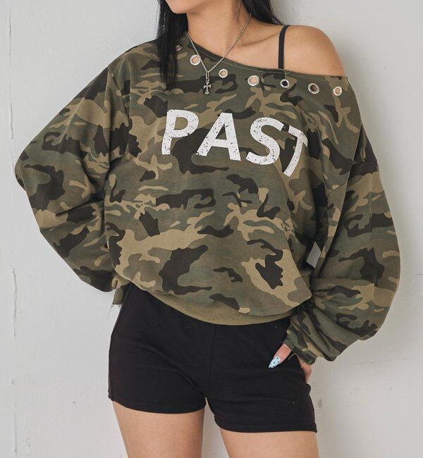  「アイレットオフショルロゴスウェット」|Tシャツ・カットソー|カーキ