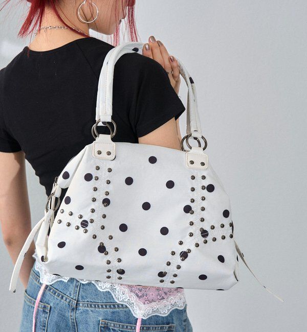  「スタッズショルダーバッグ（無地/ドット柄）」|トートバッグ|ホワイトその他1