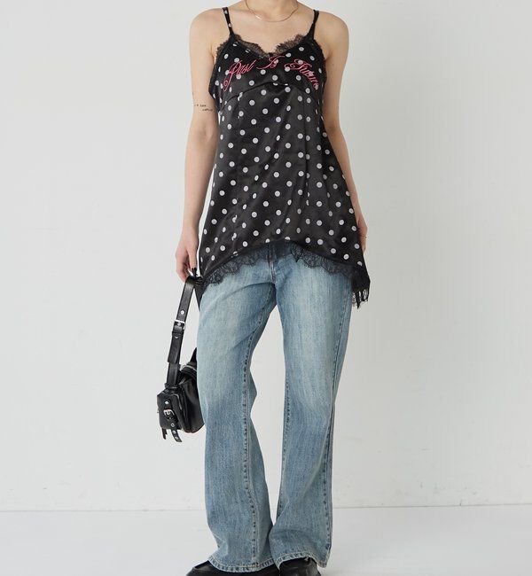  「ロゴサテンキャミワンピ(ドット柄/無地)」|ワンピース|ブラック