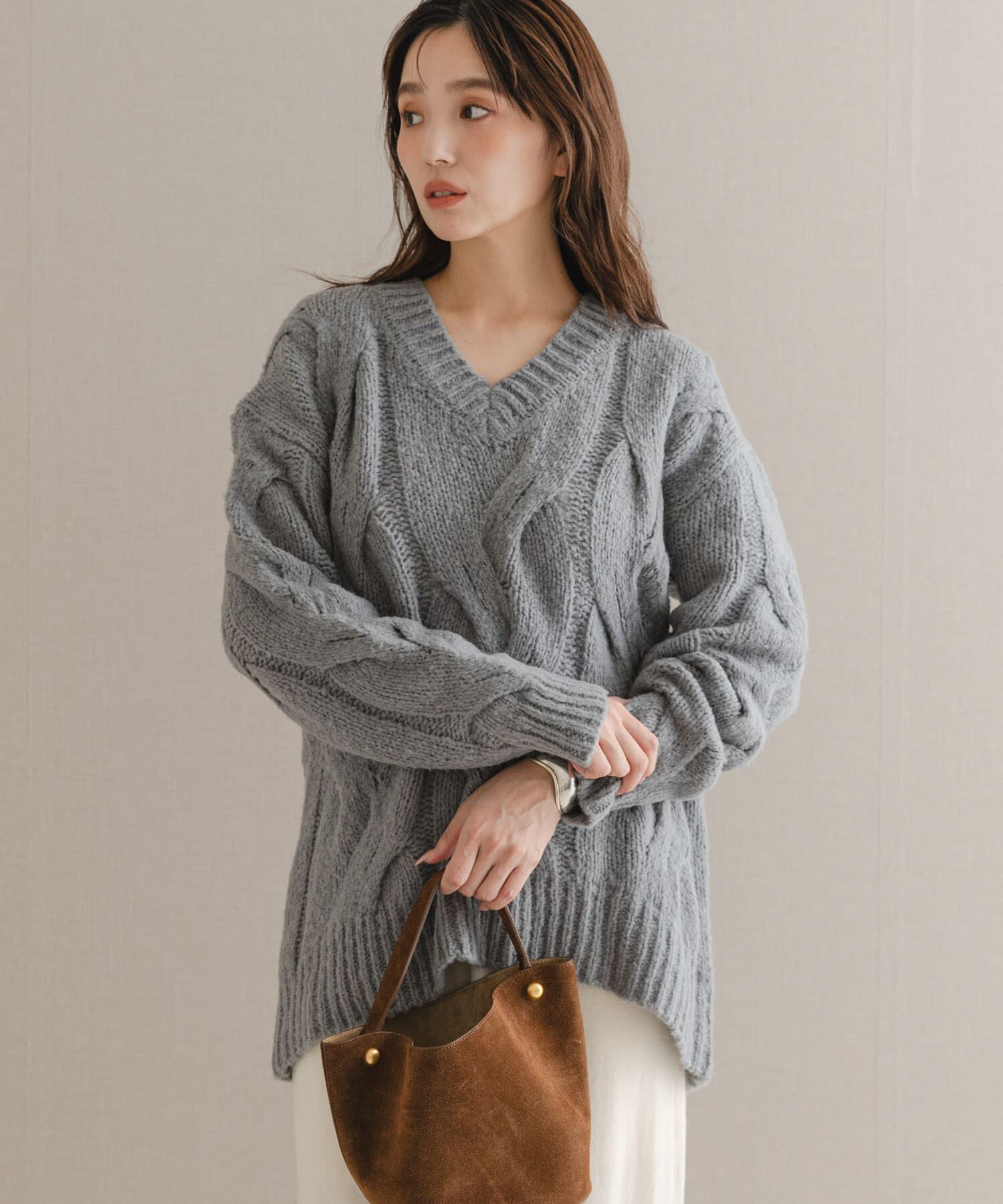 URBAN RESEARCH ROSSO「ウールカシミヤケーブル編オーバーニット」|ニット・セーター|グレー系その他