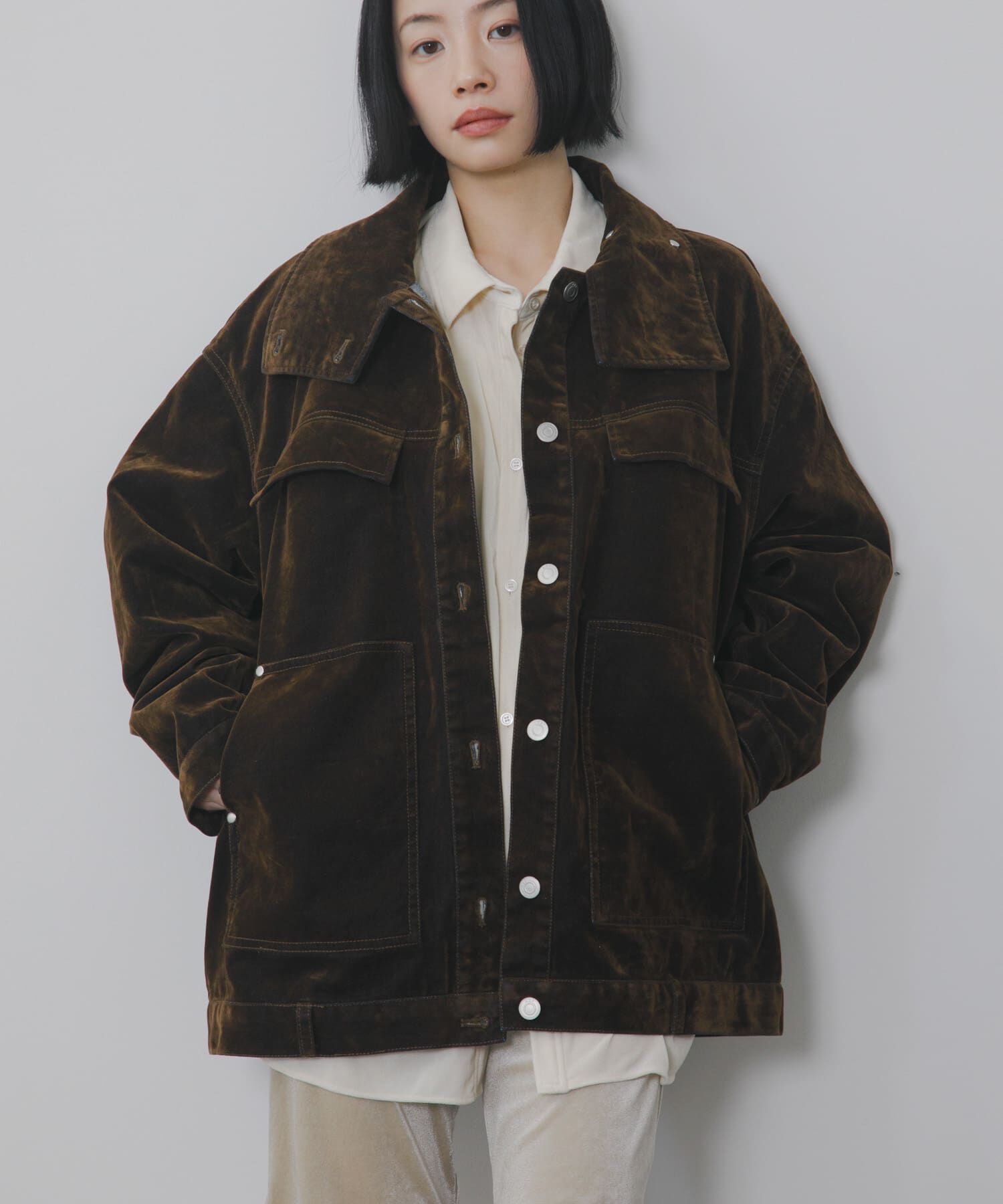  「ハイネックデニムブルゾン」|ブルゾン・スタジャン|ブラウン