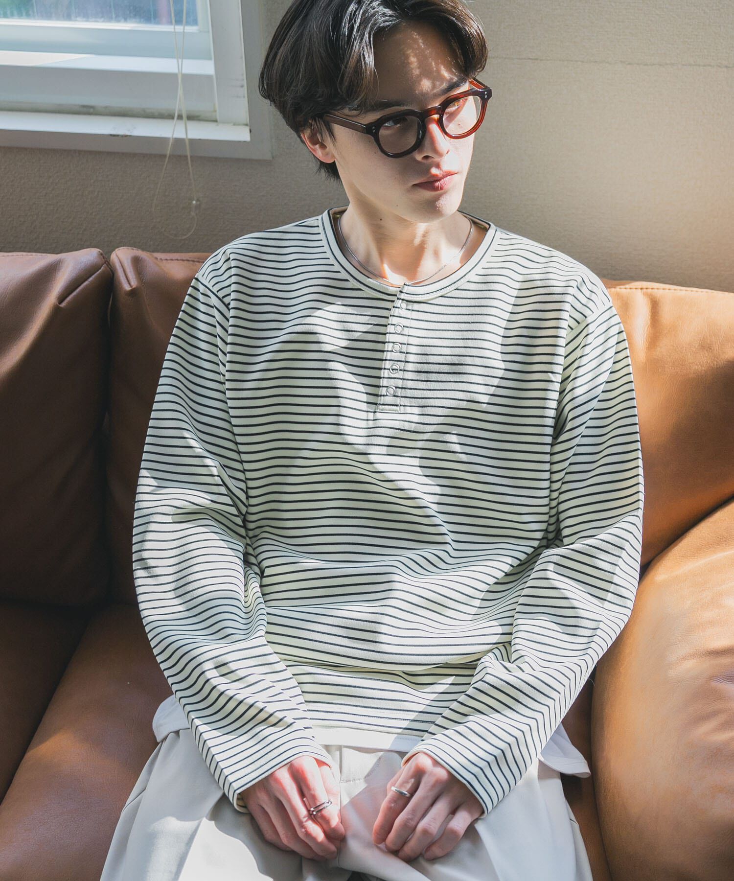 SENSE OF PLACE by URBAN RESEARCH「ボーダーヘンリーネックロングTシャツ」|Tシャツ・カットソー|