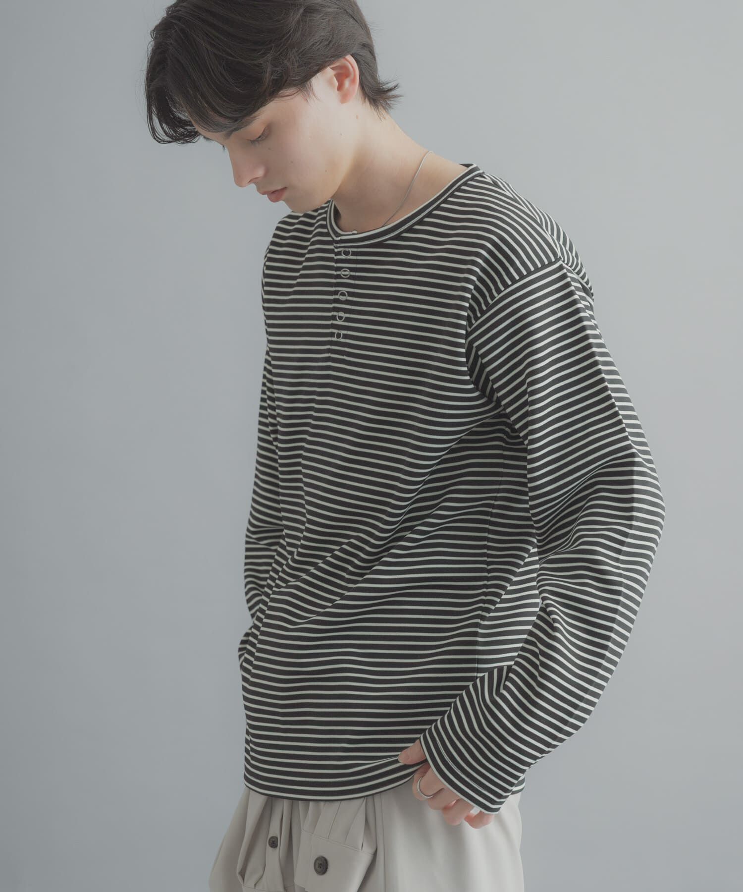 SENSE OF PLACE by URBAN RESEARCH「ボーダーヘンリーネックロングTシャツ」|Tシャツ・カットソー|