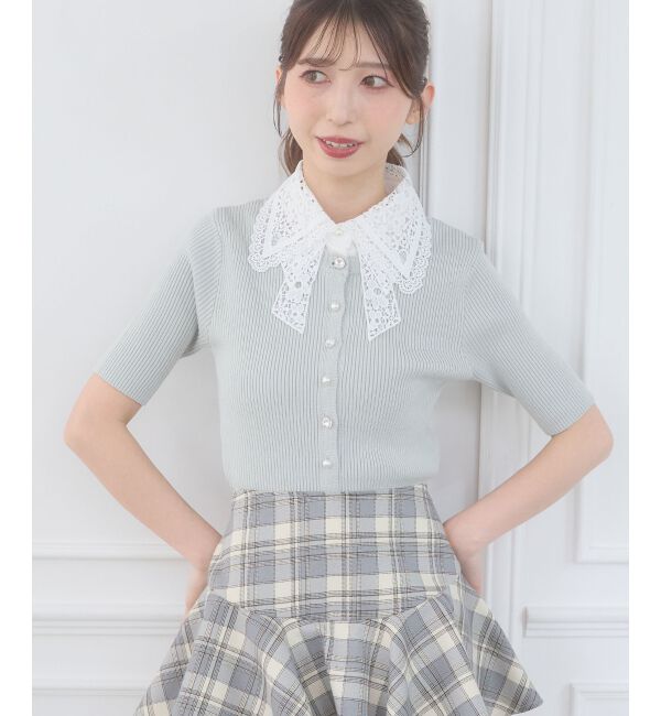  「レースリボン襟ハーフスリーブニット」|ニット・セーター|Ｌ／グリーン