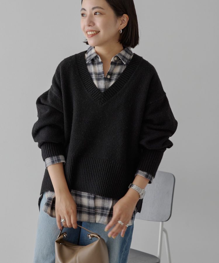 AMERICAN HOLIC「ワイドリブVネックプルオーバー」|ニット・セーター|Black