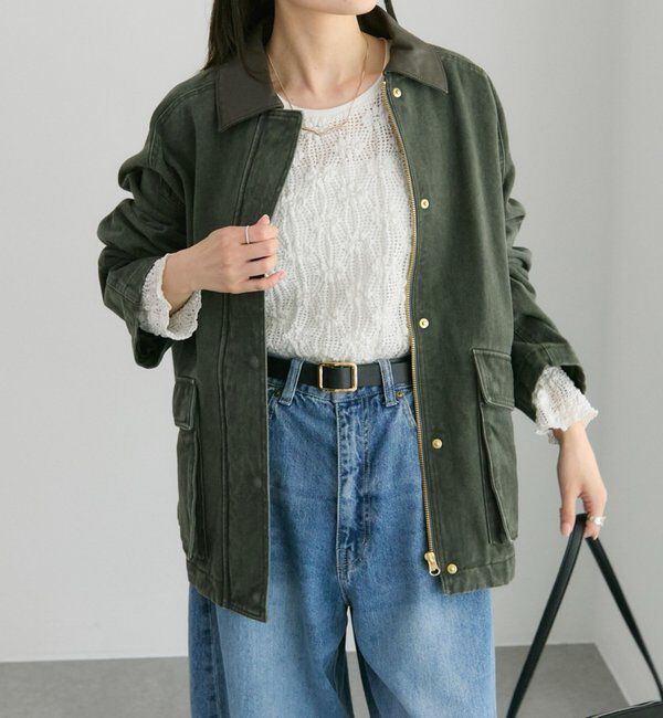  「フェイクレザー襟カバーオールジャケット」|テーラードジャケット|カーキ