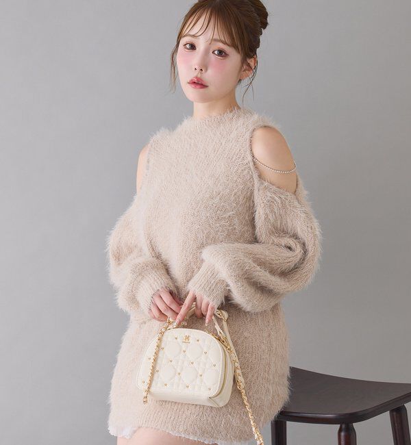  「肩あきビジューニットミニワンピ」|ワンピース|