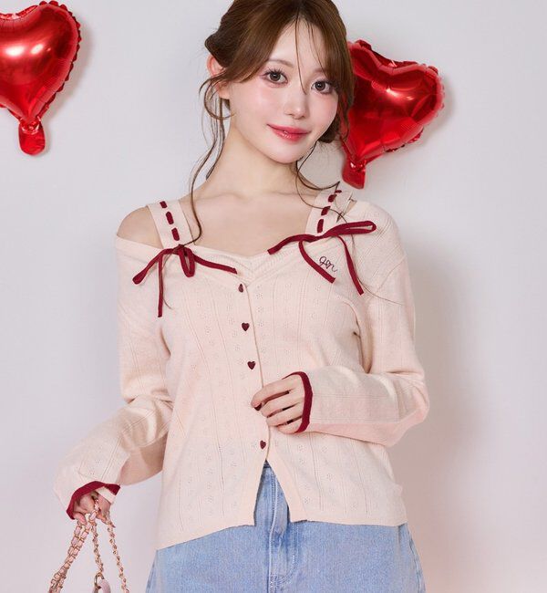  「【Heart collection】ハートボタンビスチェセットカーディガン」|ニット・セーター|ピンク