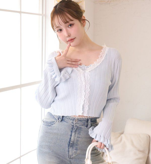  「レース付きリブカーディガン」|ニット・セーター|