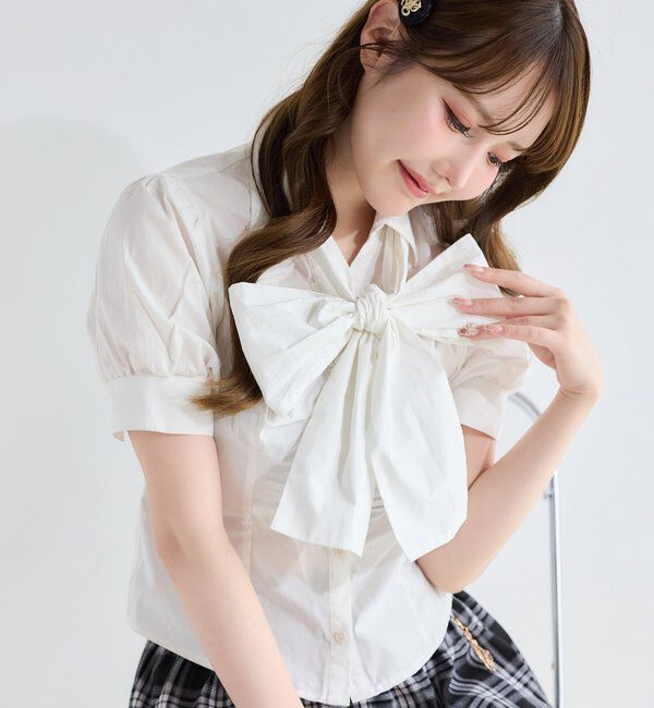  「フロントギャザー半袖ボウタイブラウス」|シャツ・ブラウス|