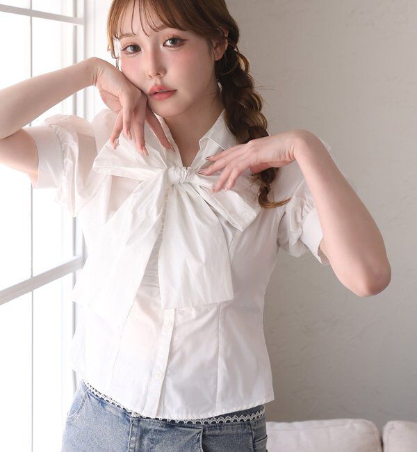  「フロントギャザー半袖ボウタイブラウス」|シャツ・ブラウス|