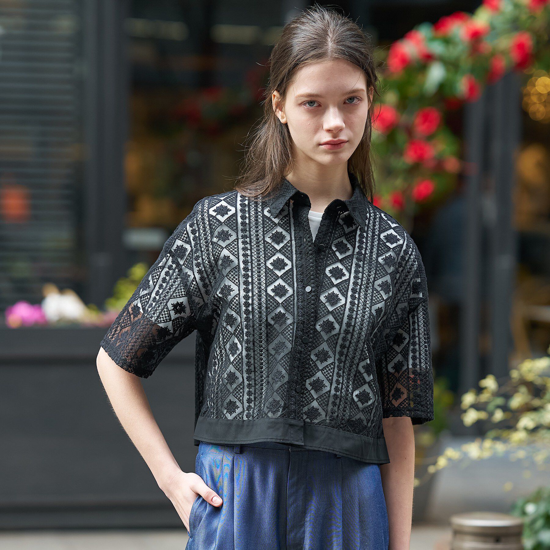 DRESSTERIOR「【着映え/ハーフ袖】ウォッシャブルレース クロップドシャツ」|シャツ・ブラウス|