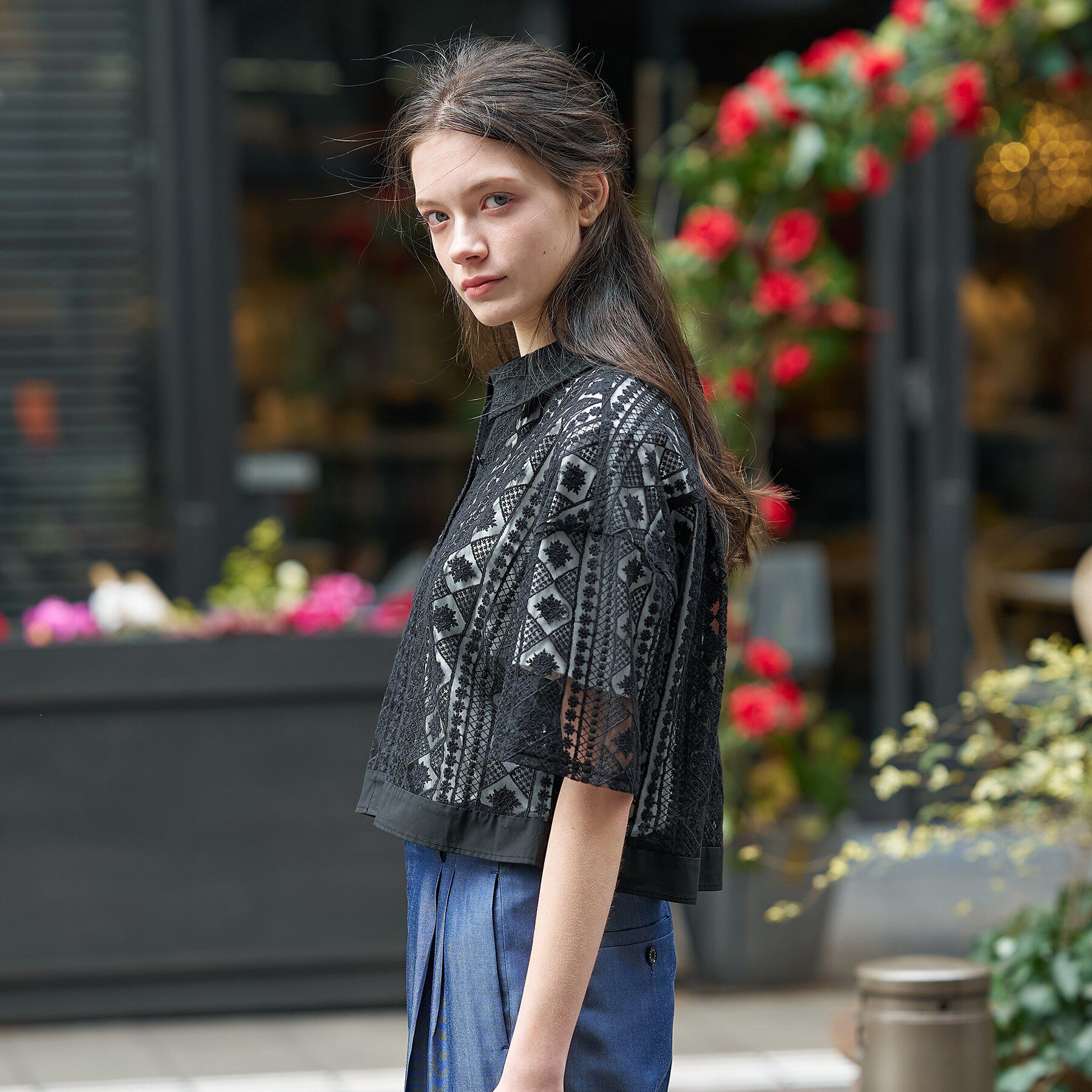 DRESSTERIOR「【着映え/ハーフ袖】ウォッシャブルレース クロップドシャツ」|シャツ・ブラウス|