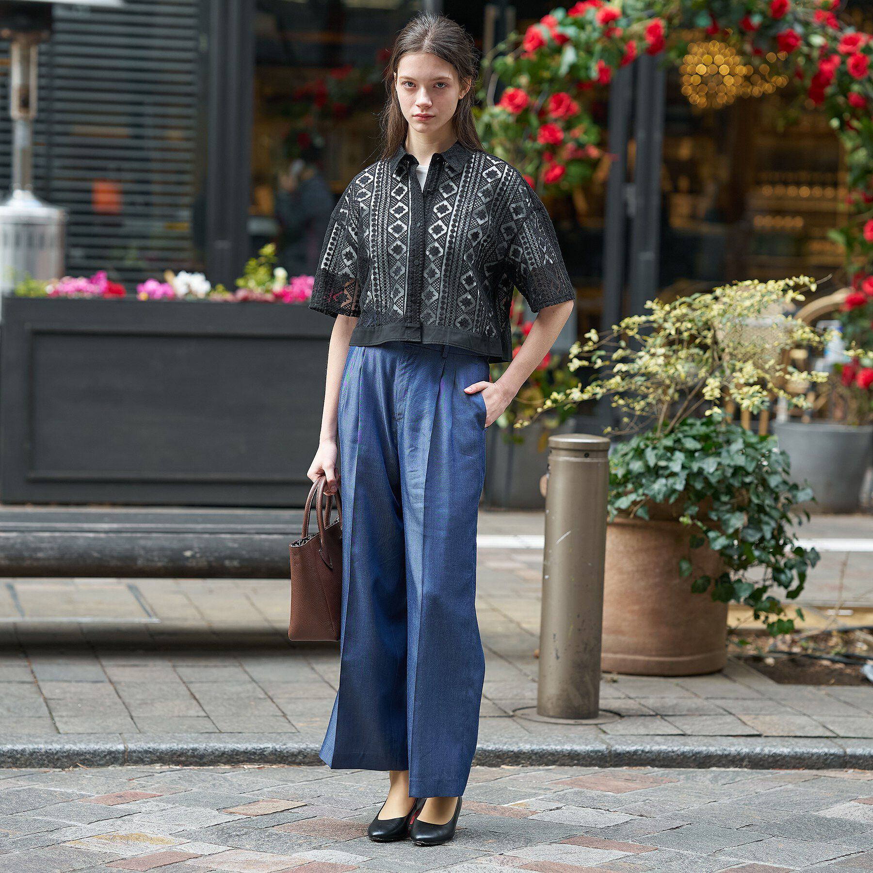 DRESSTERIOR「【着映え/ハーフ袖】ウォッシャブルレース クロップドシャツ」|シャツ・ブラウス|