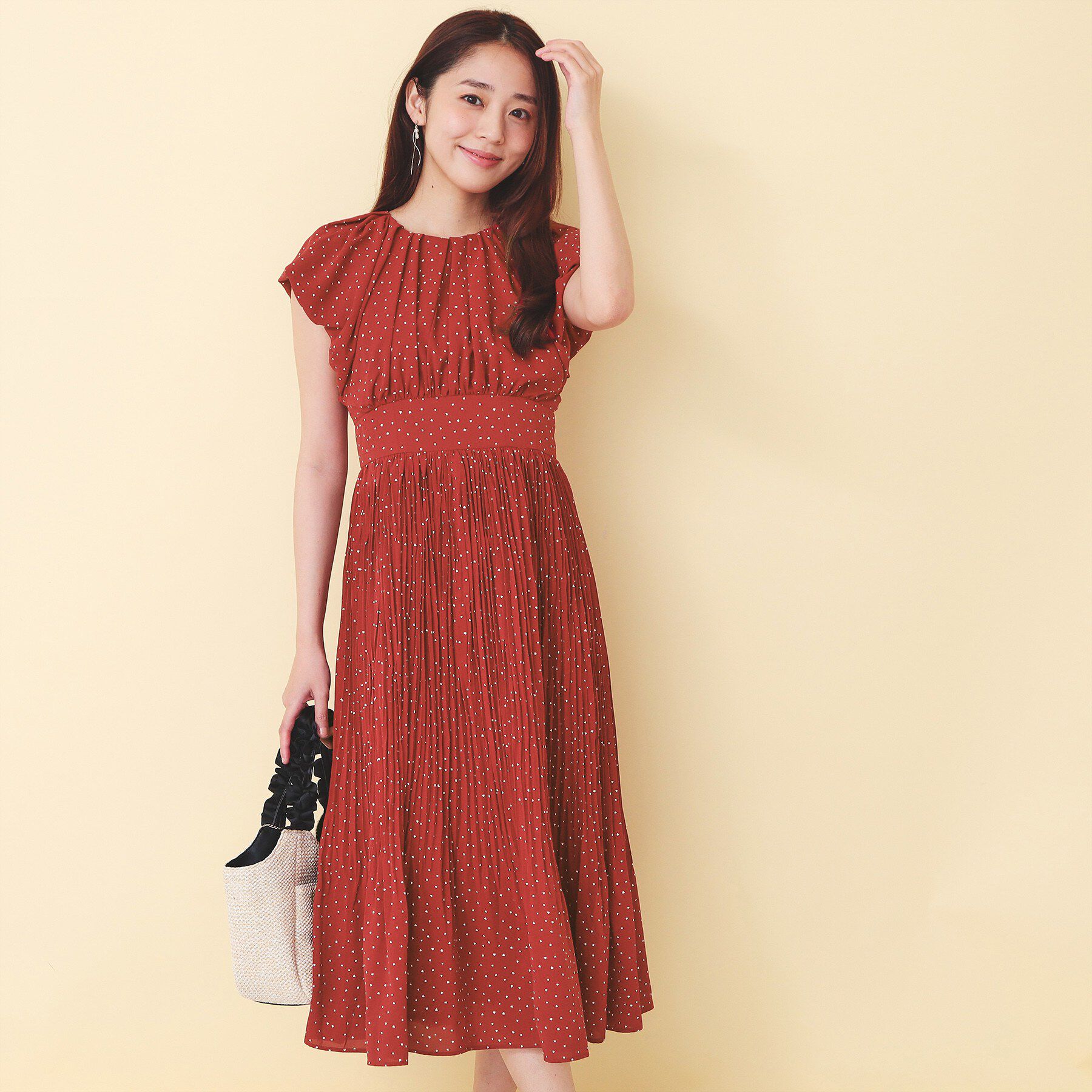 index「ハートドットバルーンスリーブワンピース【洗濯機OK／イージーアイロン】」|ワンピース|レッド(162)