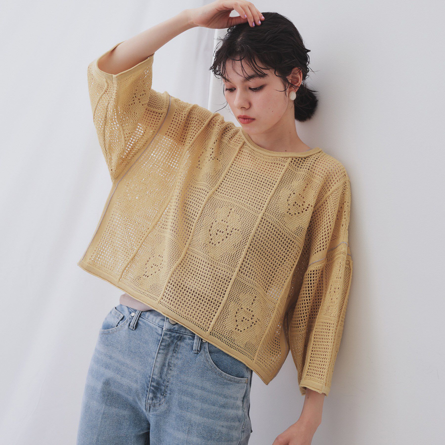 OPAQUE.CLIP「麻混モチーフ柄スカシニット【洗濯機洗い可】」|ニット・セーター|ライトイエロー(03
