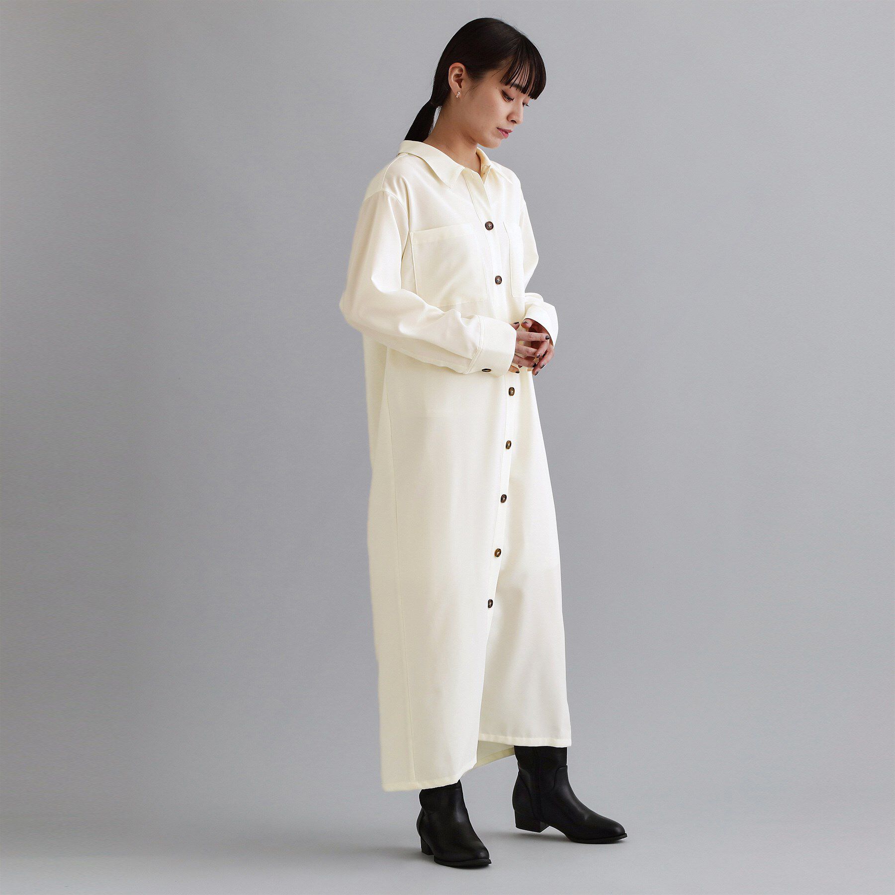 OPAQUE.CLIP「【es】ダブルポケットロングシャツワンピース【洗濯機OK】」|ワンピース|