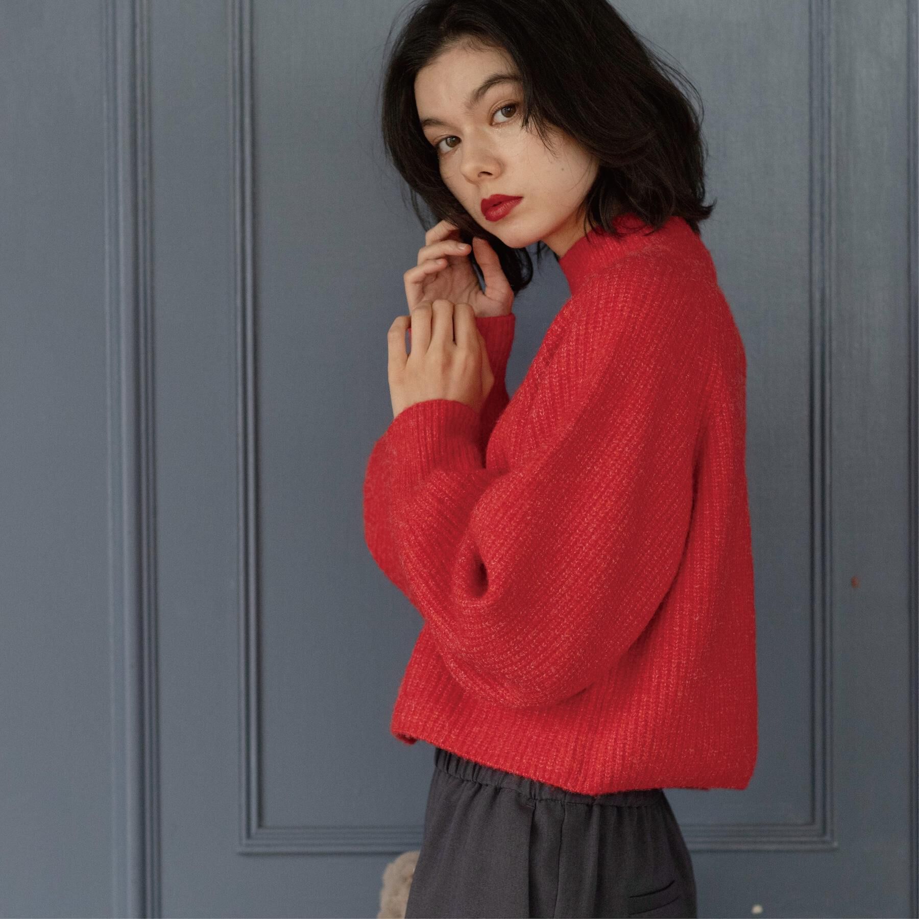 OPAQUE.CLIP「MIXミドルゲージショートあぜニット【洗濯機OK】」|ニット・セーター|レッド(061)