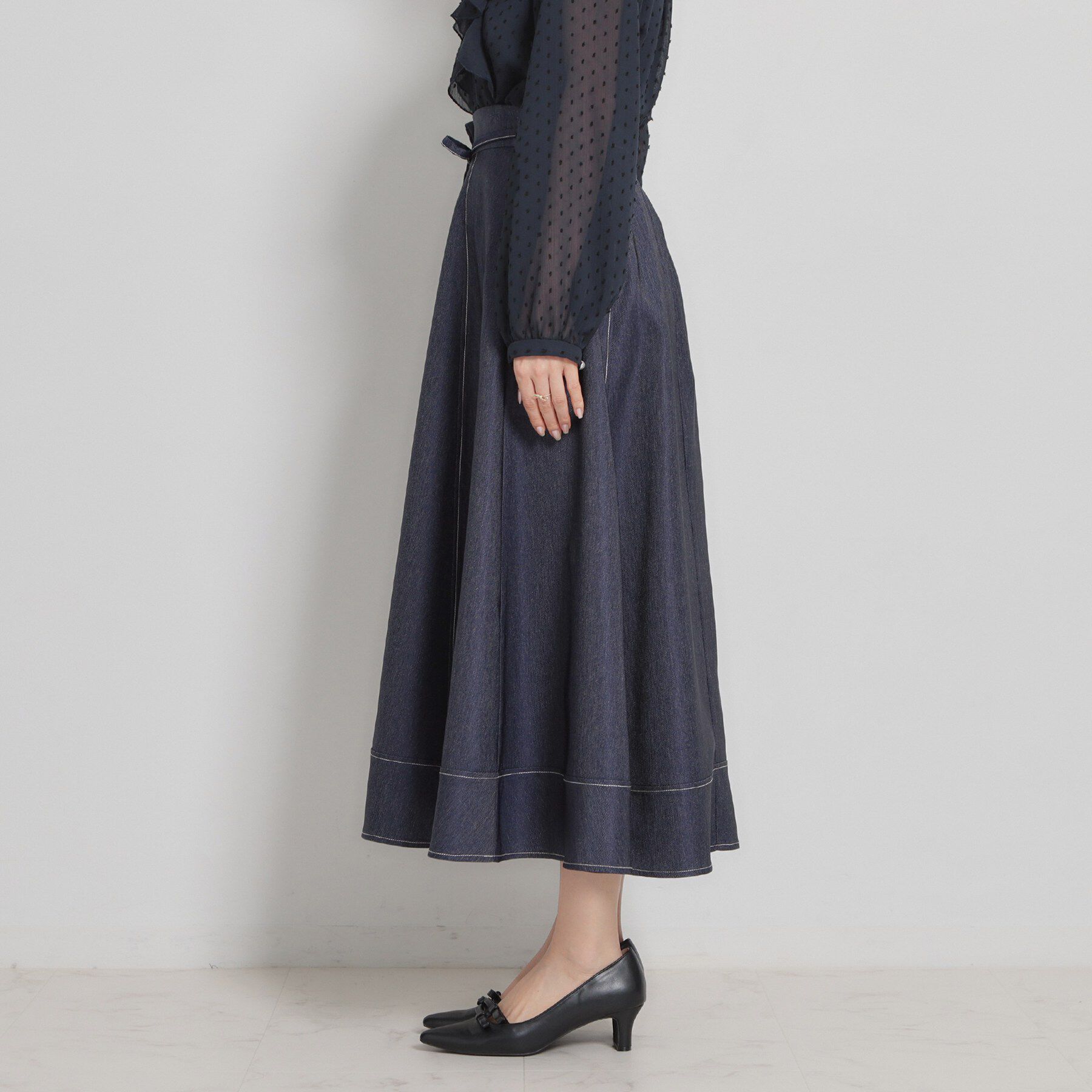 Couture broach「【洗える】デニムライク細リボンスカート」|スカート|