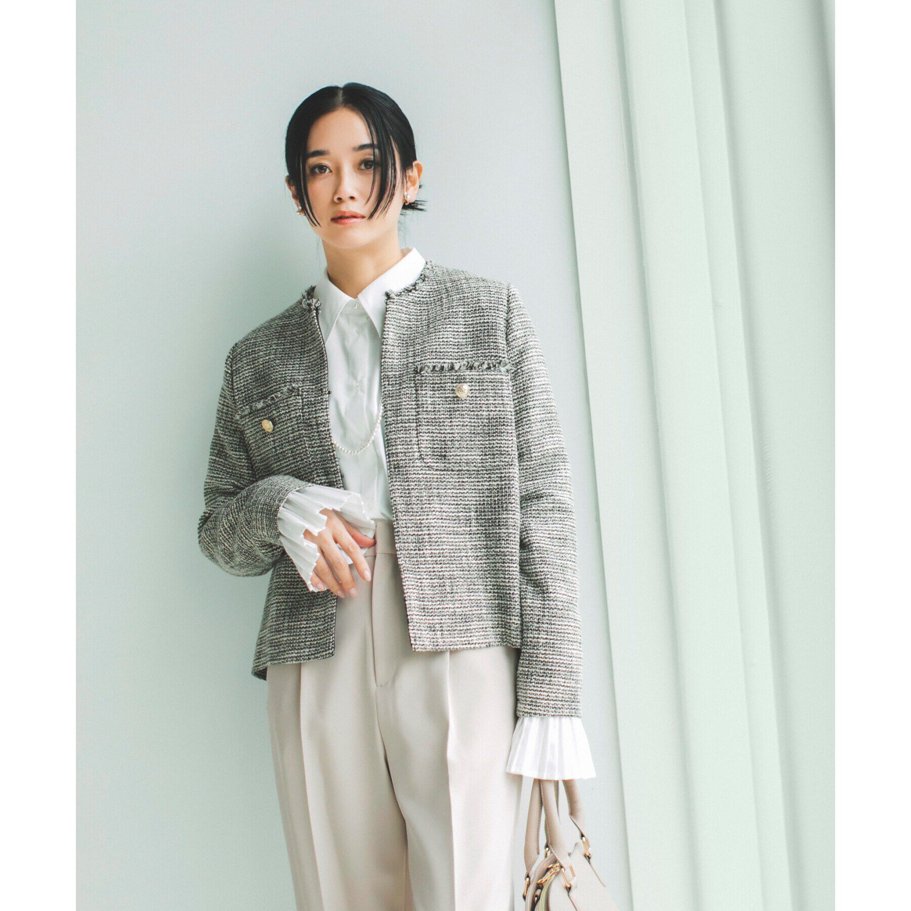 THE SHOP TK「【ONOFF活躍/セレモニー/通勤】ツイードノーカラージャケット/洗える」|ノーカラージャケット|