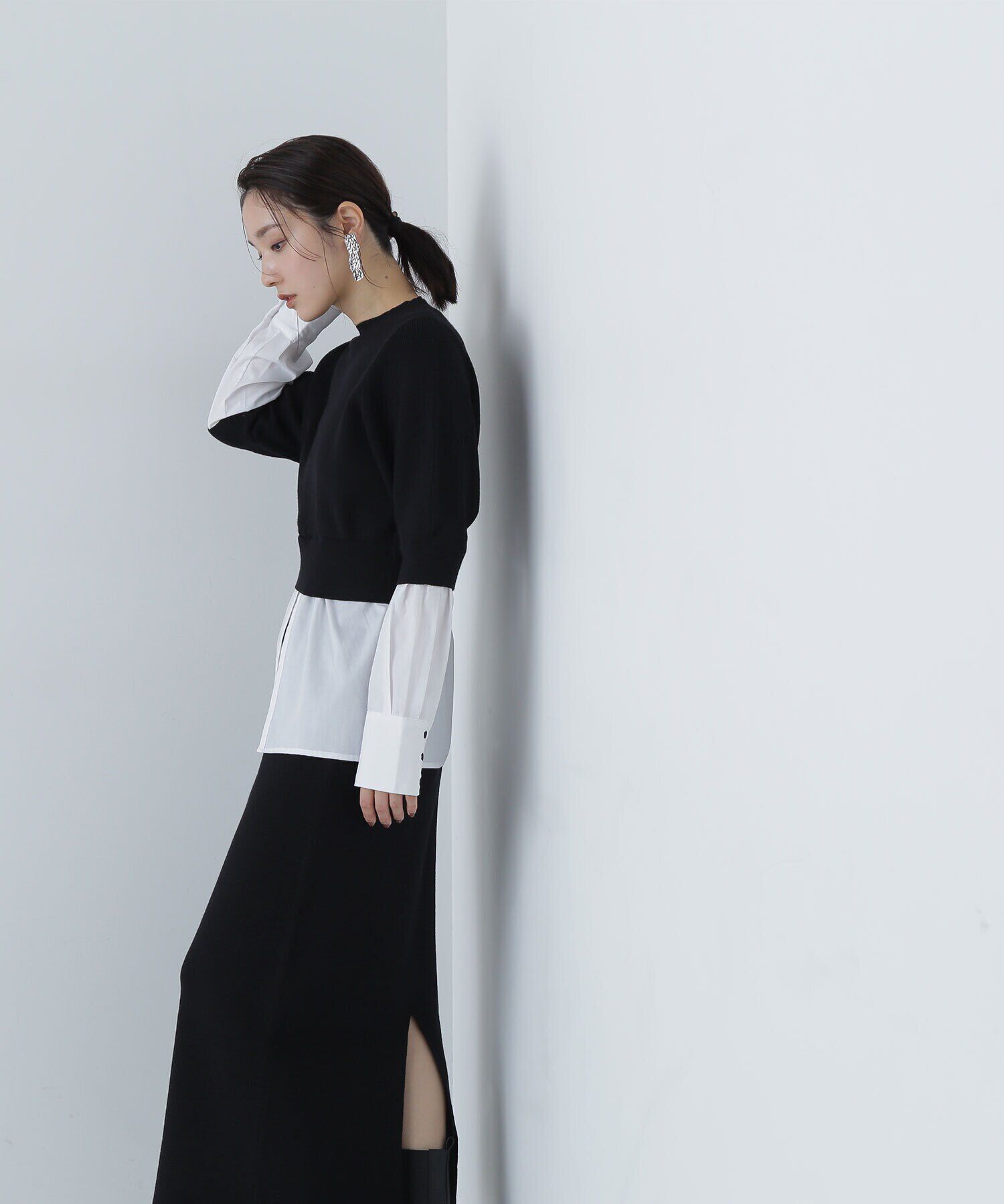  「シャツレイヤードニットセットアップ」|ワンピース|クロ