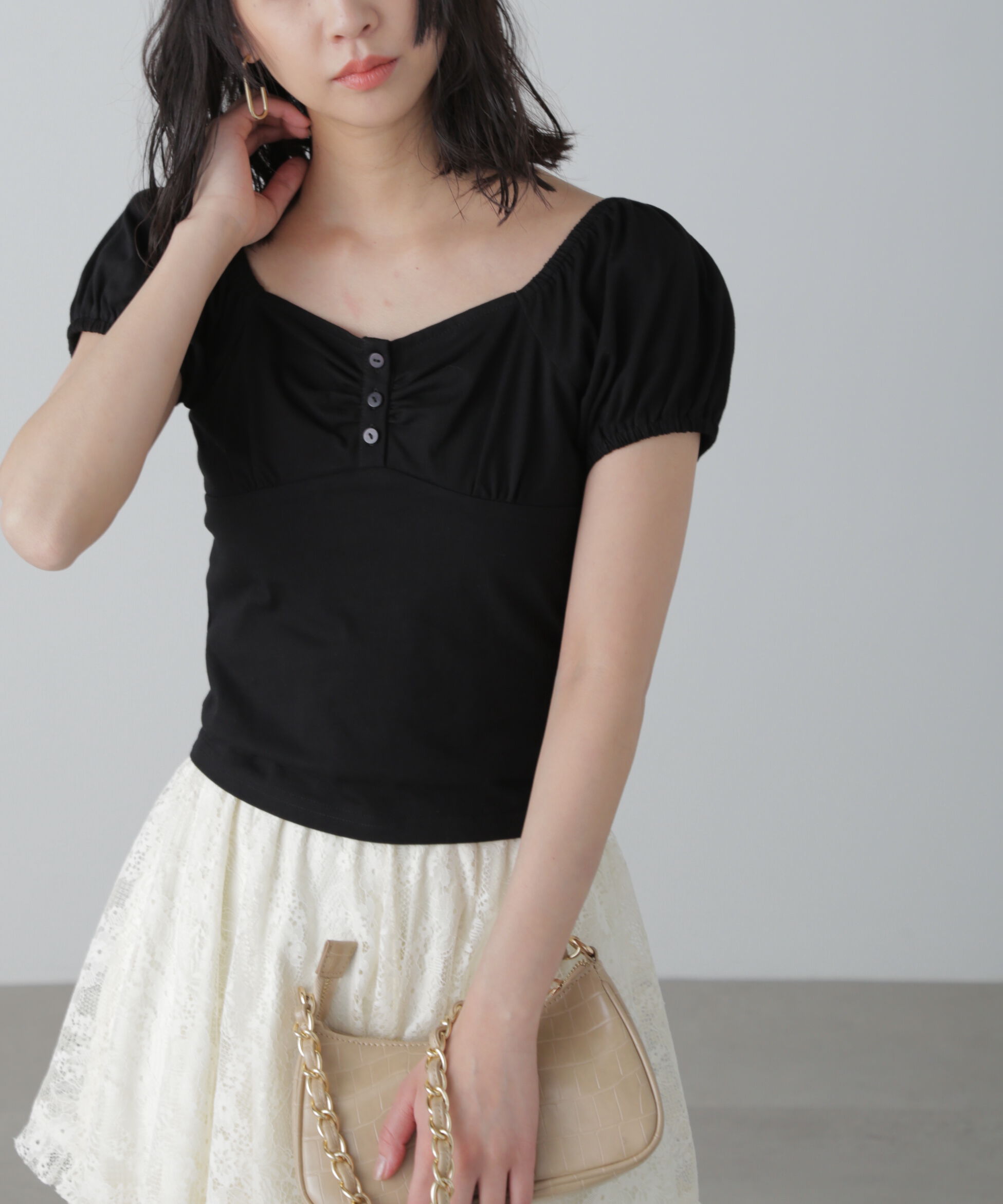  「オフショルギャザーカットソー」|Tシャツ・カットソー|ブラック