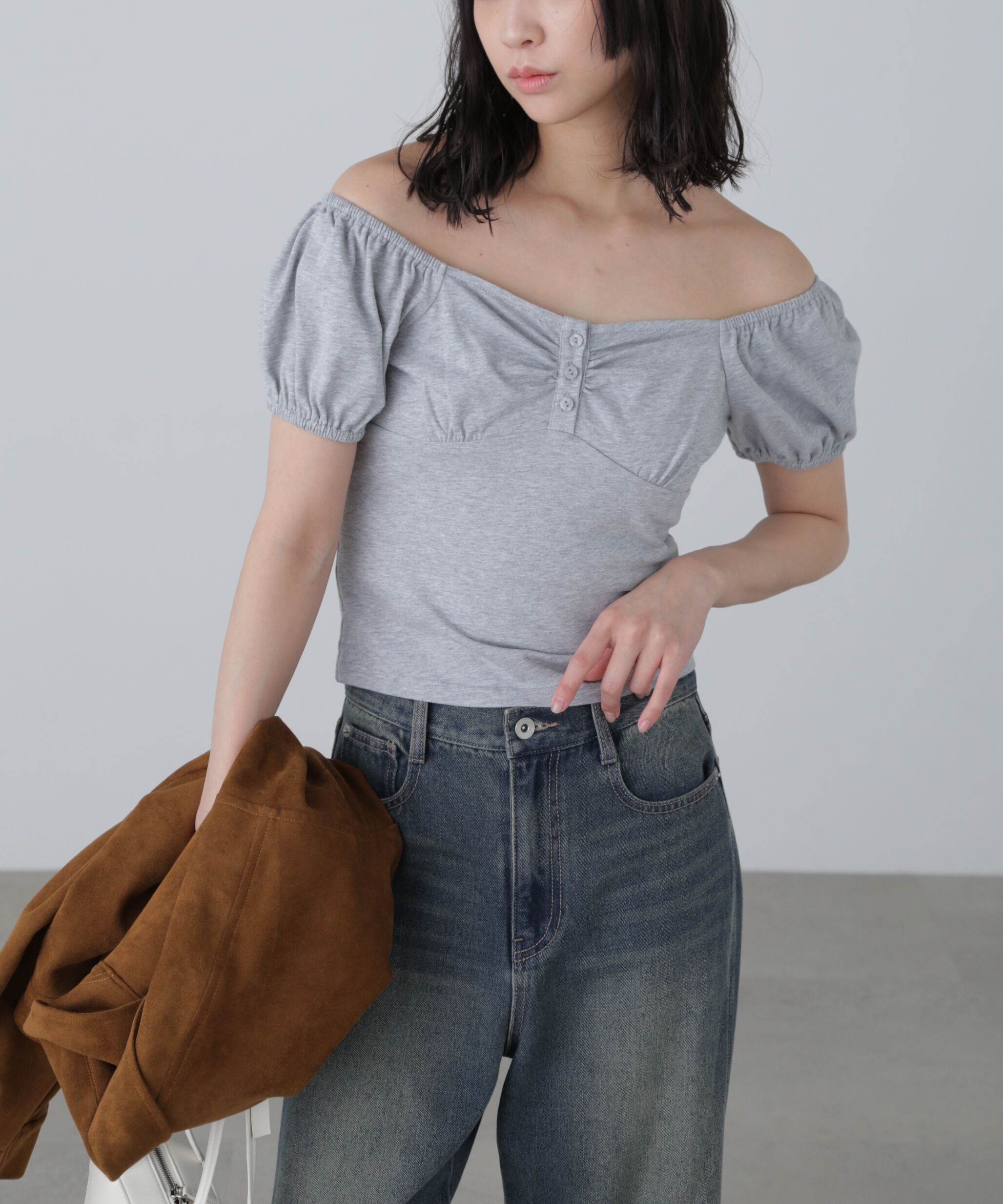  「オフショルギャザーカットソー」|Tシャツ・カットソー|グレー