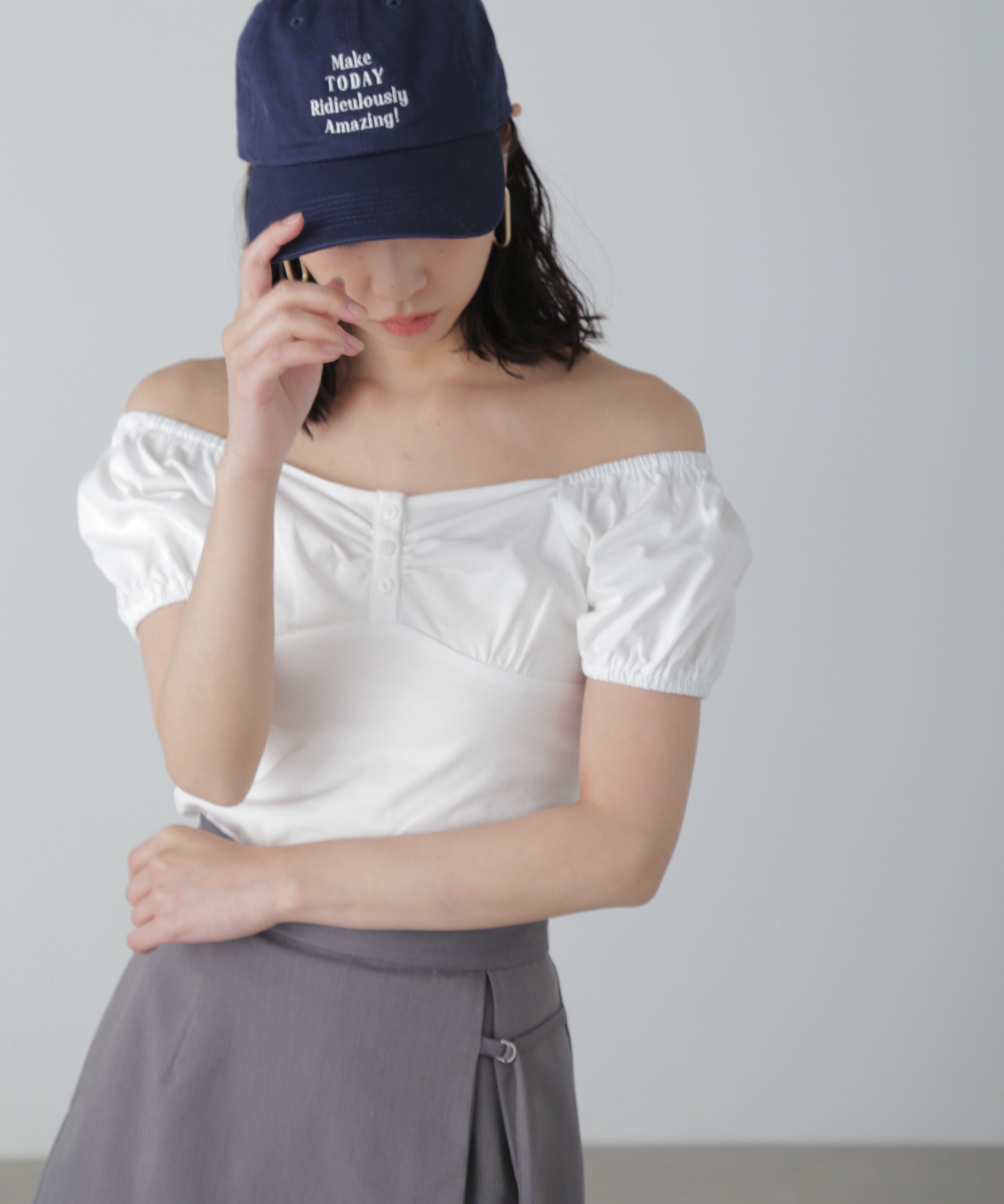  「オフショルギャザーカットソー」|Tシャツ・カットソー|ホワイト