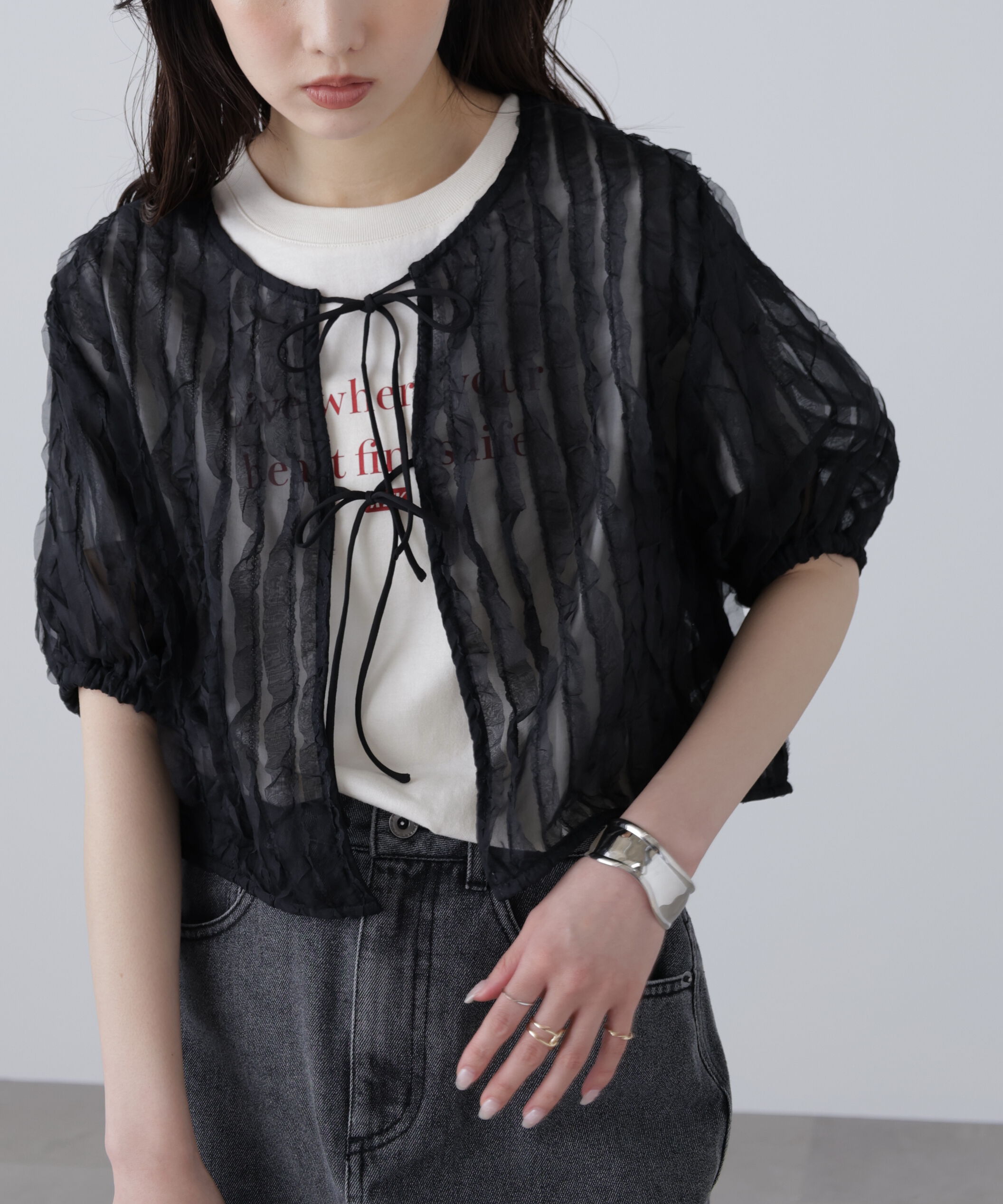  「シアーフリルフロントリボンブラウス」|シャツ・ブラウス|