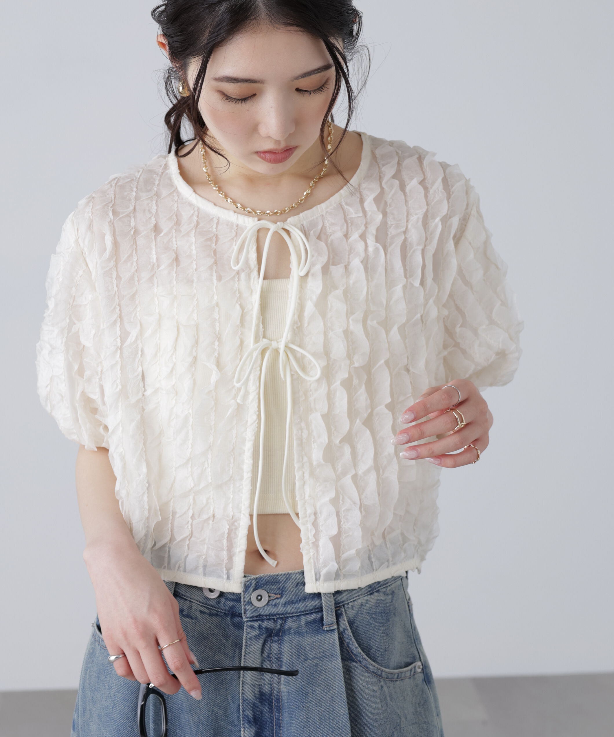  「シアーフリルフロントリボンブラウス」|シャツ・ブラウス|