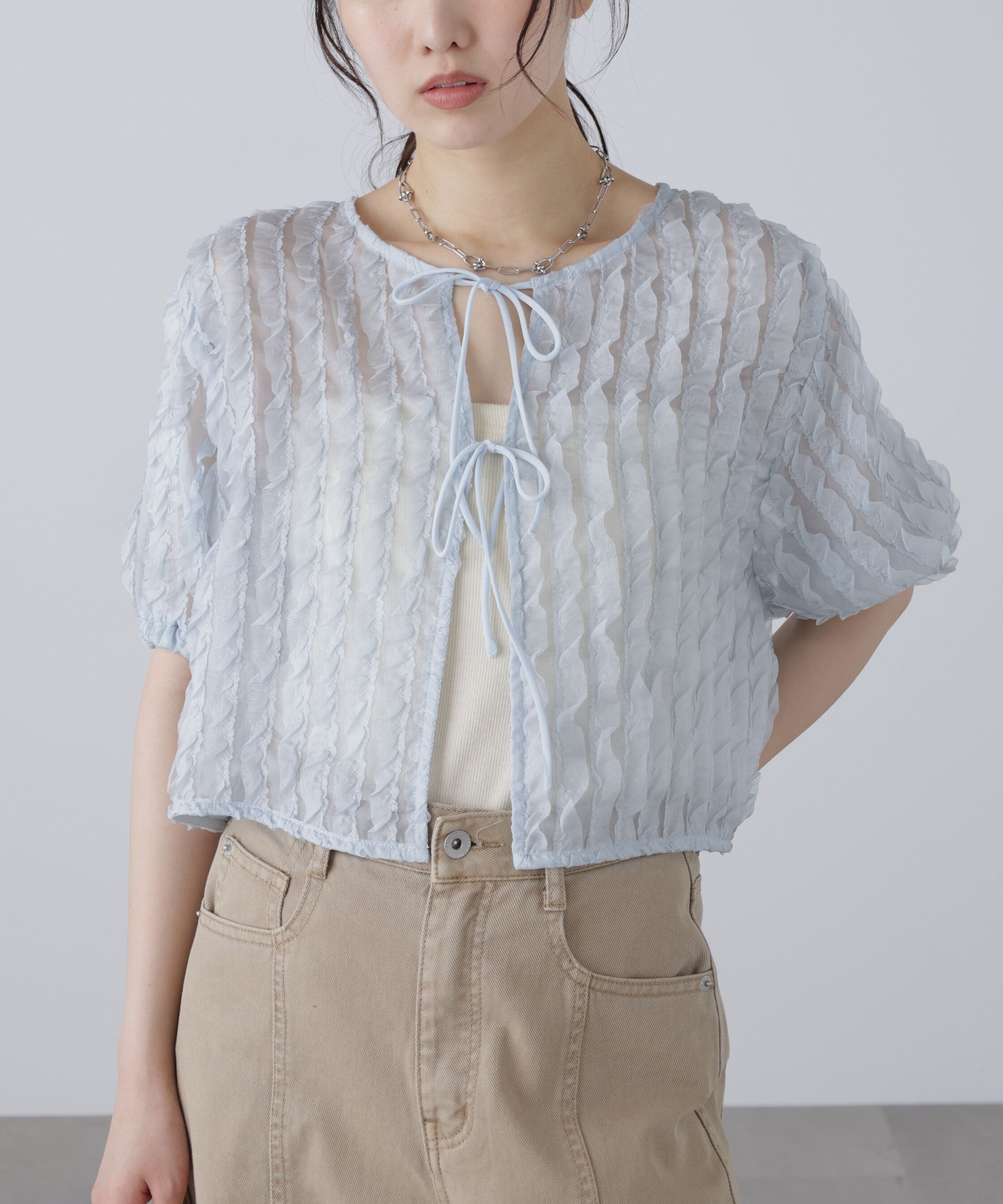  「シアーフリルフロントリボンブラウス」|シャツ・ブラウス|